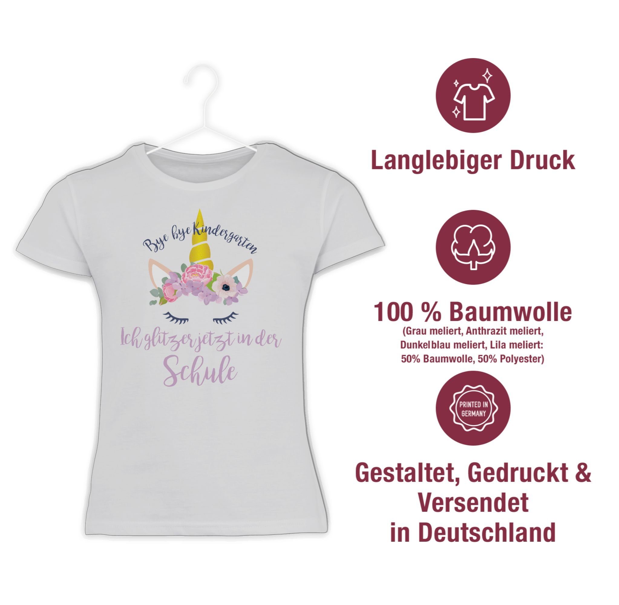 Shirtracer T-Shirt Bye der Bye glitzer Einschulung 1 Mädchen Schule Kindergarten in Blumen Weiß ich jetzt