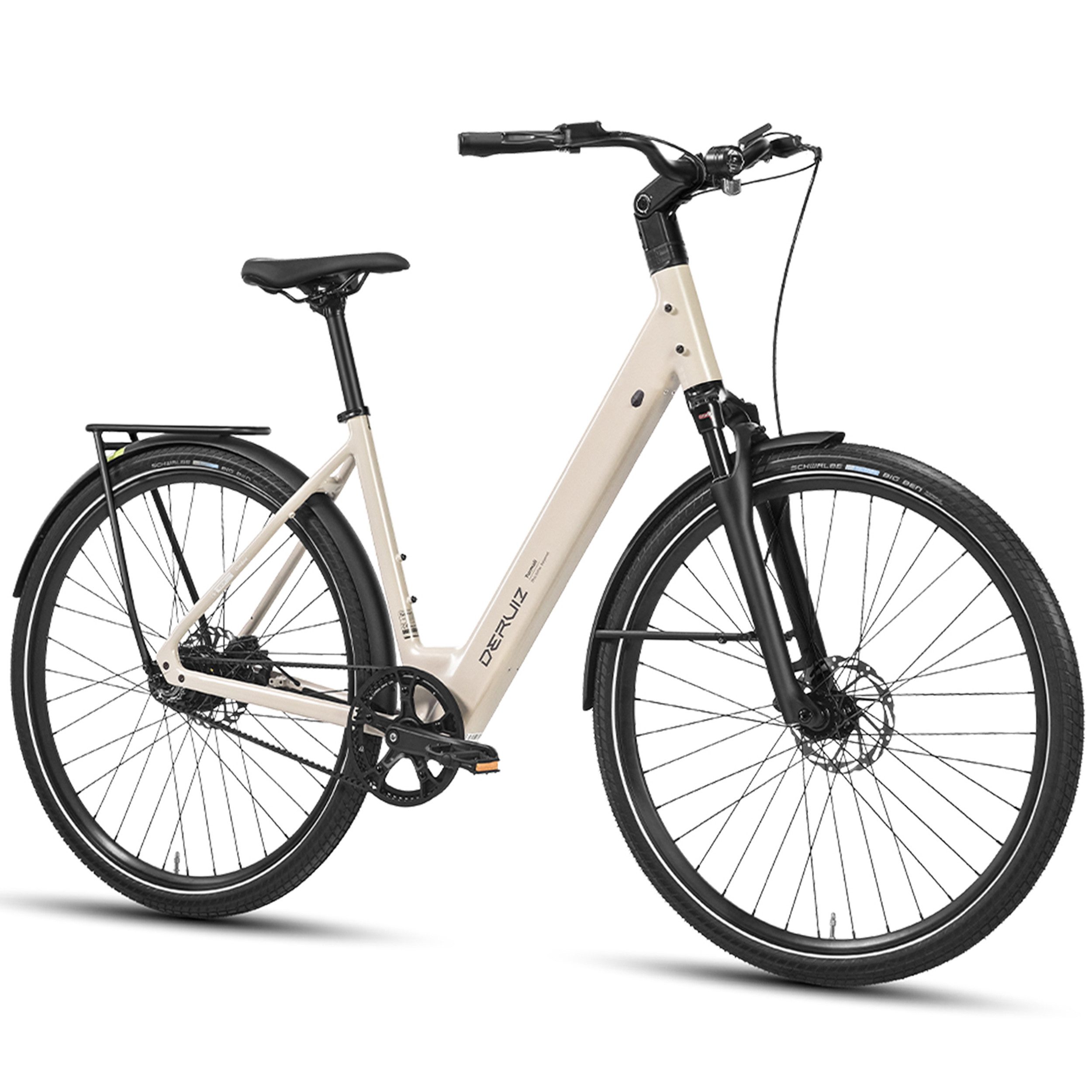DERUIZ E-Bike Cityrad 28 Zoll, 110km, Kettenantrieb/Riemenantrieb, Bluetooth und APP, Heckmotor, 360 Wh, (Traglast ca. 140kg, RH: 48,5cm, nur ca. 20kg, für Damen und Herren), Kadenz- und Drehmomentsensor, 80Lux Licht, Elektrofahrrad