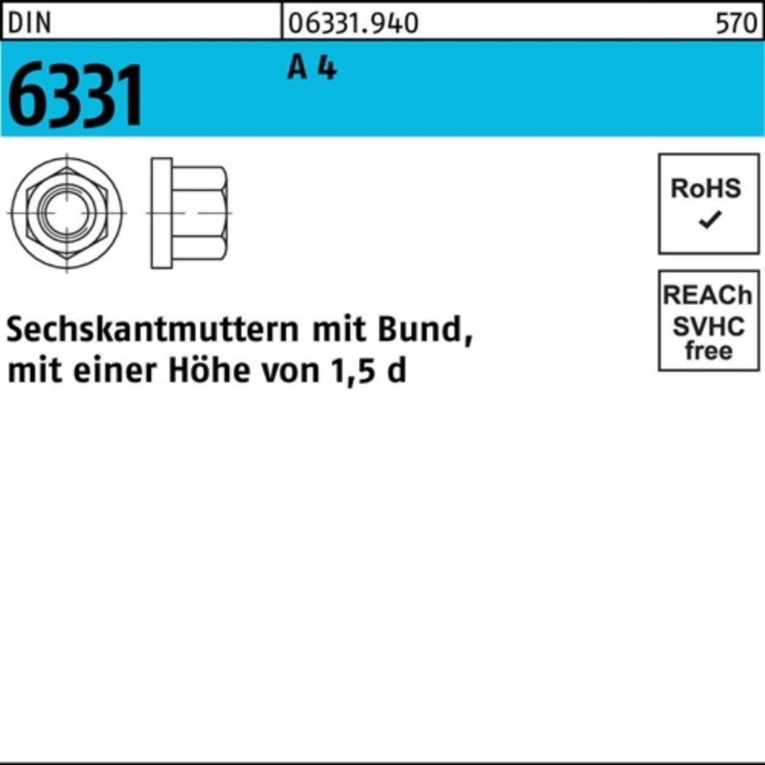 Reyher Muttern 100er Pack Sechskantmutter DIN 6331 Bund M20 SW 30 A 4 10 Stück DIN 6