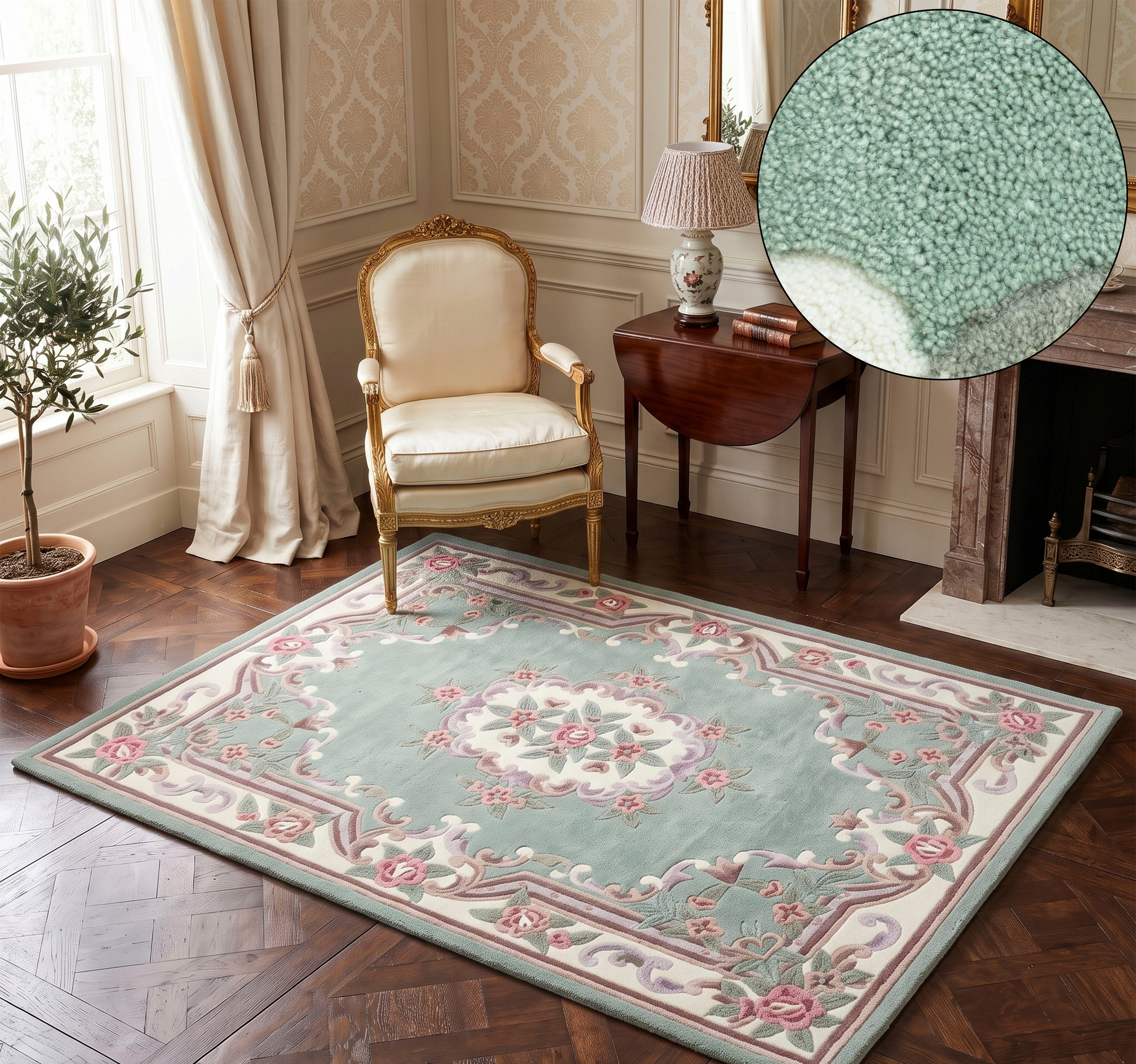 THEKO Teppich Ming, rechteckig, Höhe: 14 mm, handgefertigt, Pastell-Farben, florales Design, Wohnzimmer