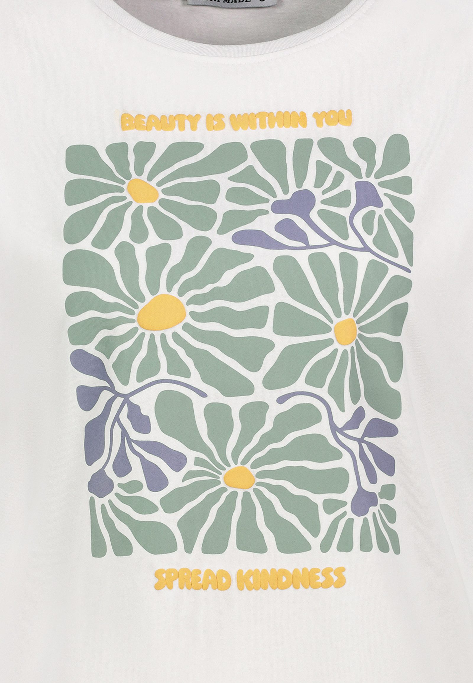 Fresh Made T-Shirt Blumenmuster mit motivierendem Text, Rundhalsausschnitt für Damen Baumwolle Regular Fit Rundhals Kurzarm bedruckt