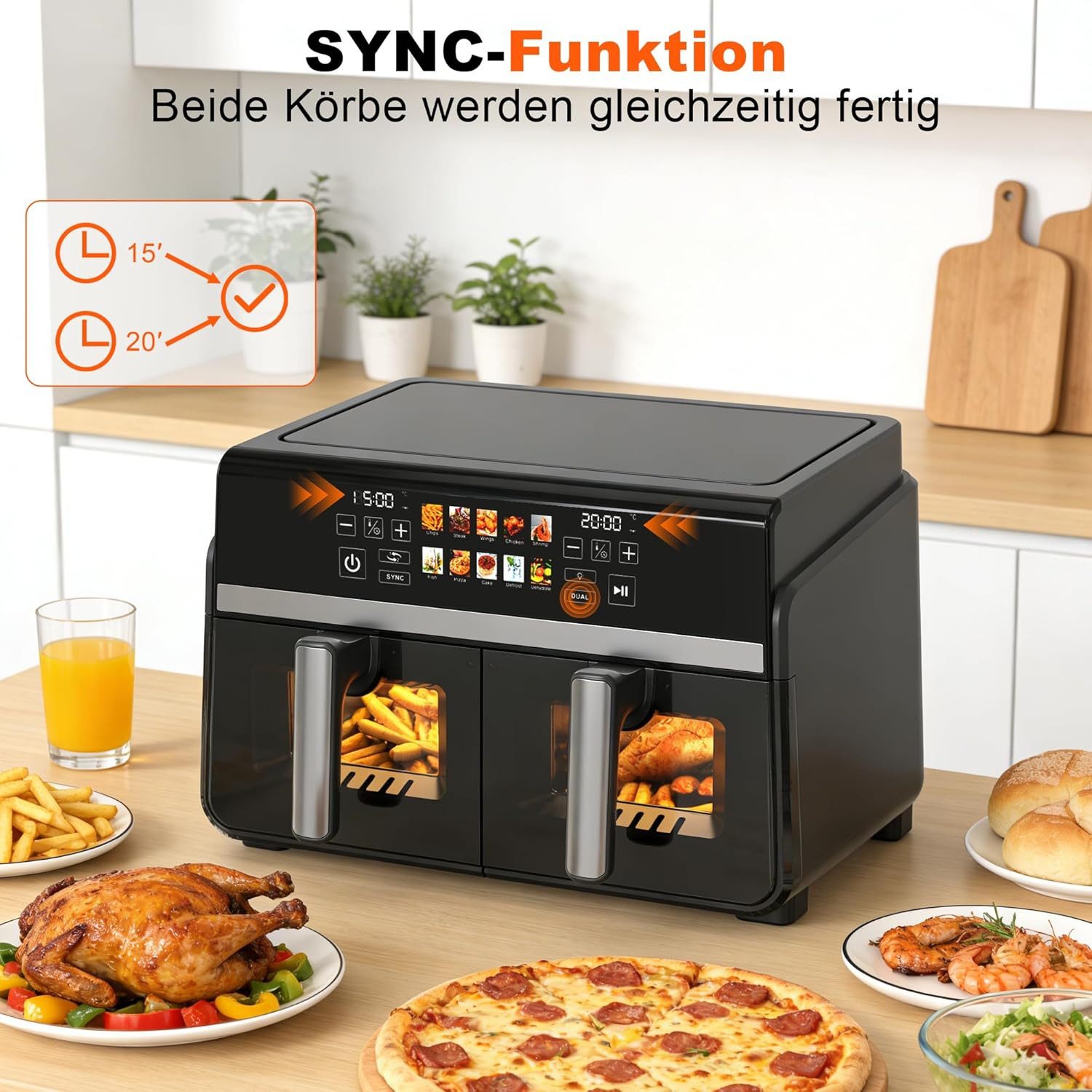 Nettlife Heißluftfritteuse XXL Air fryer Funktion 6/10/11L Sichtfenster 7/13 Programme Touchscreen, 2200 W, Automatische Abschaltung Dual Zone Temperatursteuerung Timer
