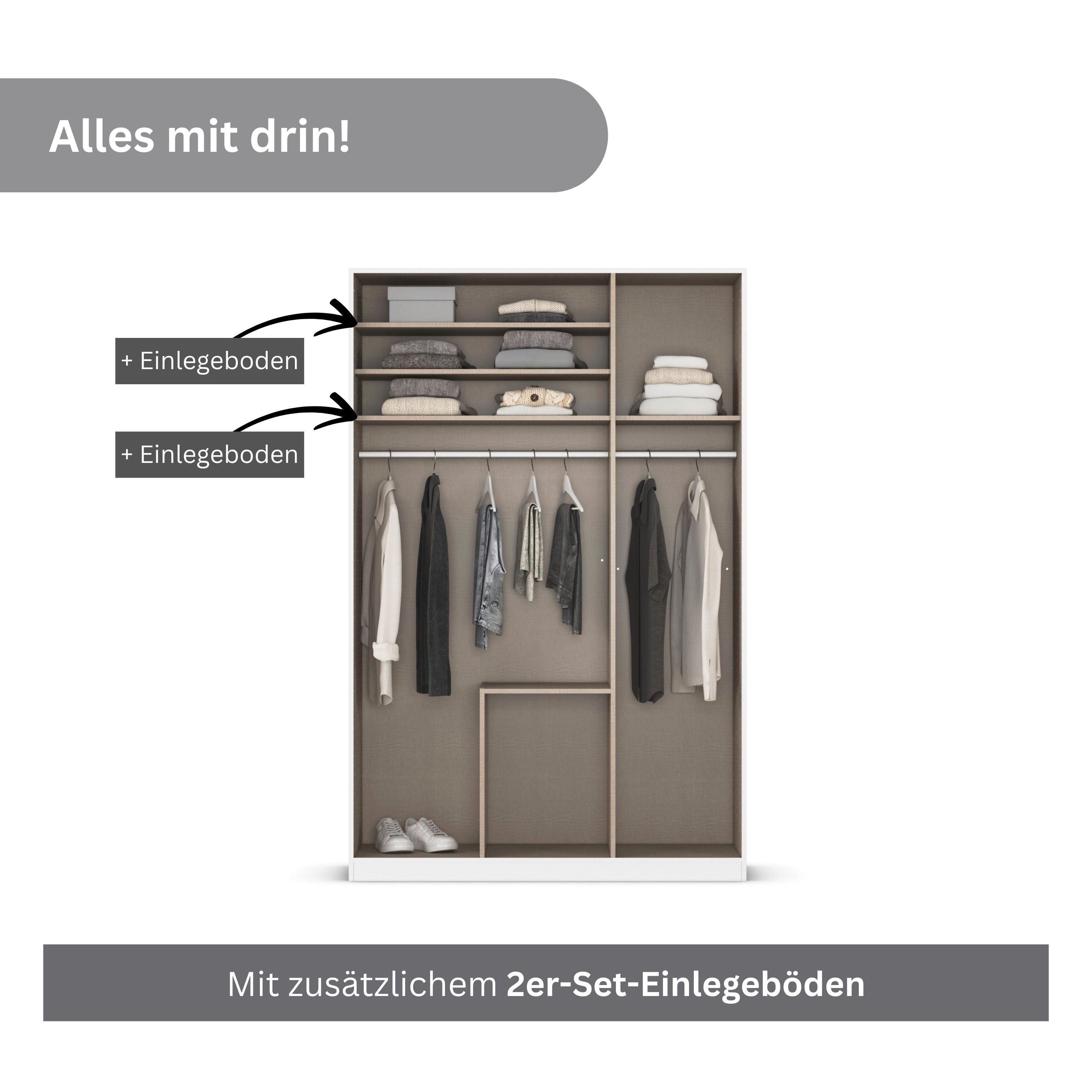 OTTO home Drehtürenschrank Kleiderschrank Schrank Garderobe AGORDO mit Dekor- oder Hochglanzfront (in zwei Griff-Farben, Breite 136 cm) mit Außenschubkästen, Serie in 7 Breiten und 2 Höhen MADE IN GERMANY