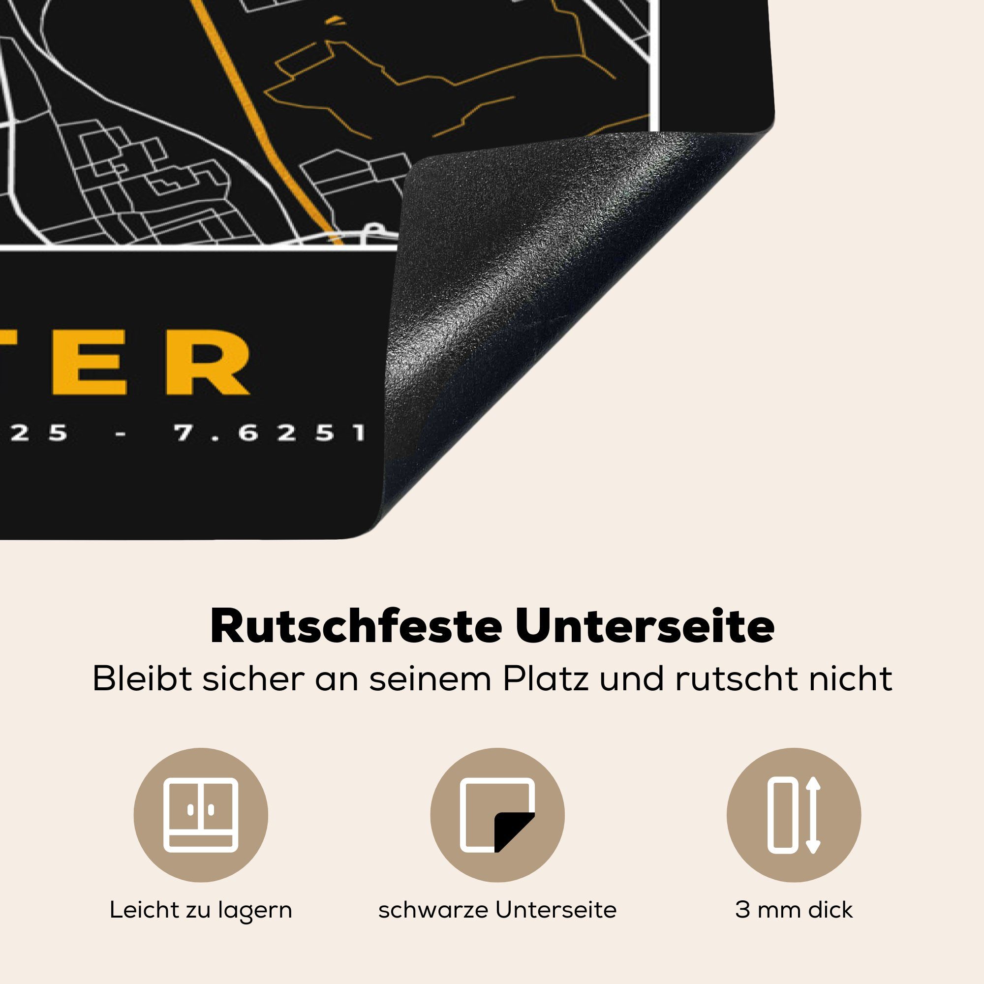 Stadtplan cm, 78x78 Ceranfeldabdeckung, - - MuchoWow Gold, küche - Herdblende-/Abdeckplatte - (1 tlg), Münster Deutschland Karte Arbeitsplatte Vinyl, für