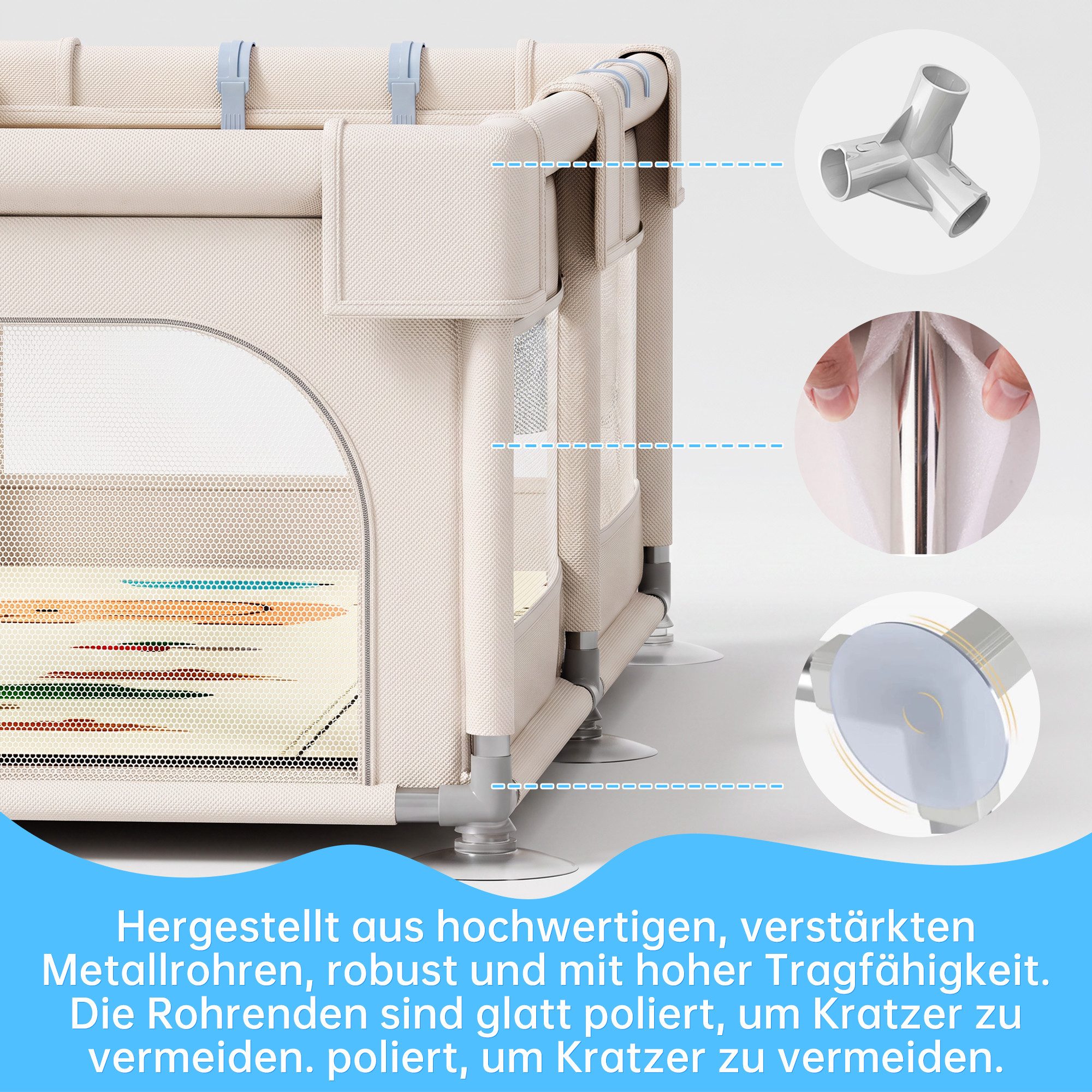 SEHAUSEU Laufgitter Laufstall Baby Krabbelgitter mit Spielmatte 1,5m×1,5 m/1,2m×1,2m, mit Ozeanbälle, Tragetasche, Zugring, Ballkorb, Aufbewahrungskorb – Bild 4 von 5