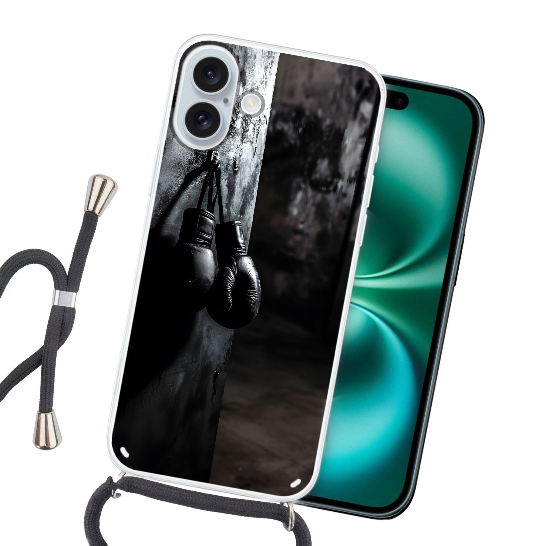 MuchoWow Handyhülle für Apple iPhone 16 Plus Boxhandschuhe - Wand - Dunkel - Schwarz, Tragbare Handyhüllen mit Kette zum umhängen, Handykette Handyband