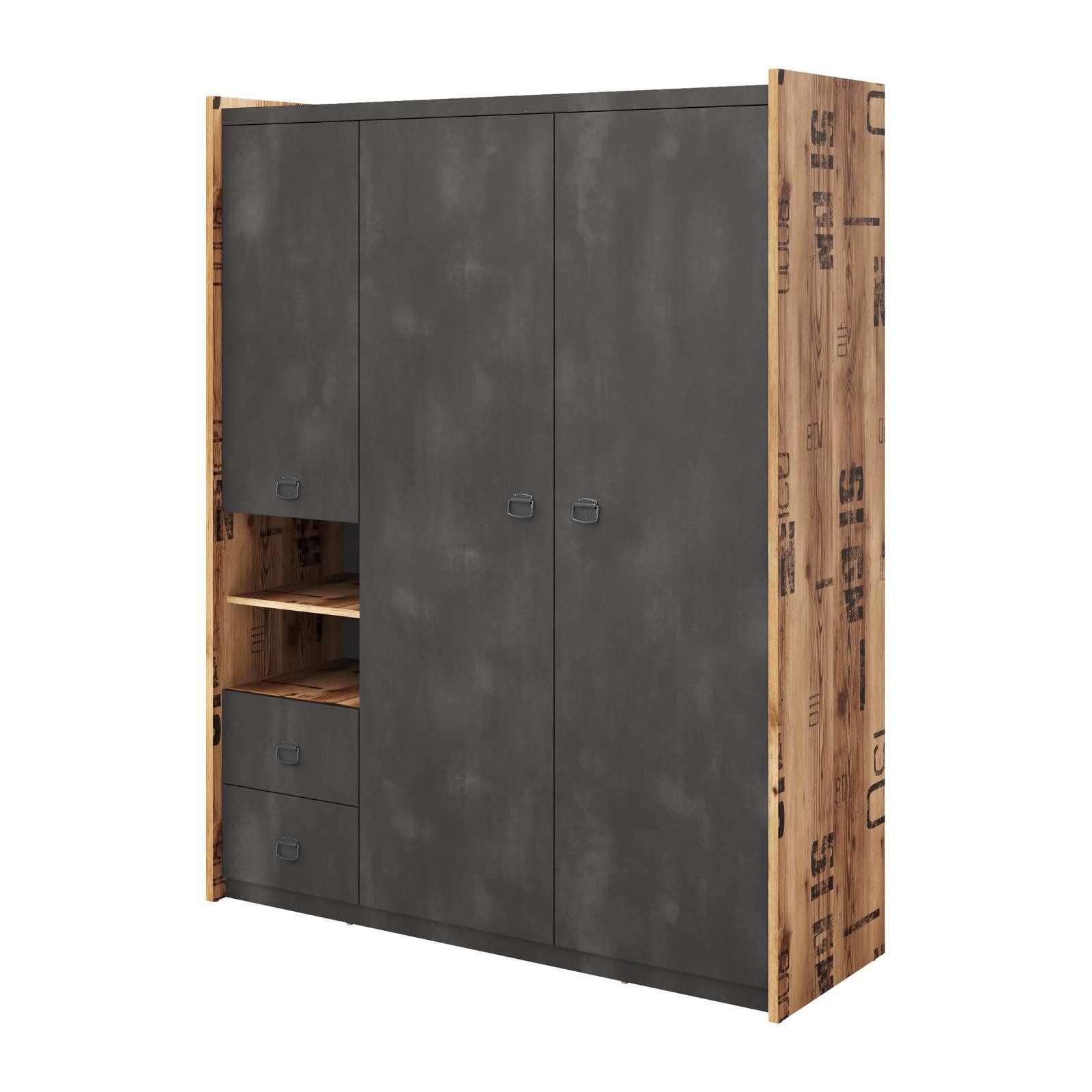 HAUSELEMENT Kleiderschrank FARGO FG-01 3 Türen 2 Schubladen 150 cm Drehtürenschrank Schrank Loft
