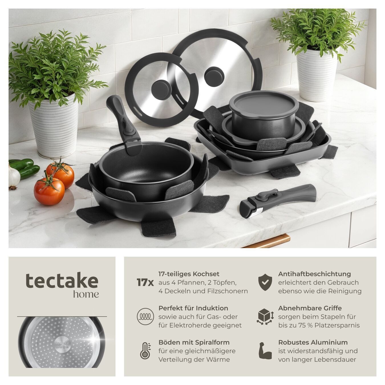 tectake Topf-Set Kochtopfset 17-teilig, Ofenfest bis 175°C, mit 5 Topfschonern, Aluminium (Kochgeschirrset Parma, 17-tlg., in schwarz), für Induktion geeignet, Antihaftbeschichtung, spülmaschinengeeignet