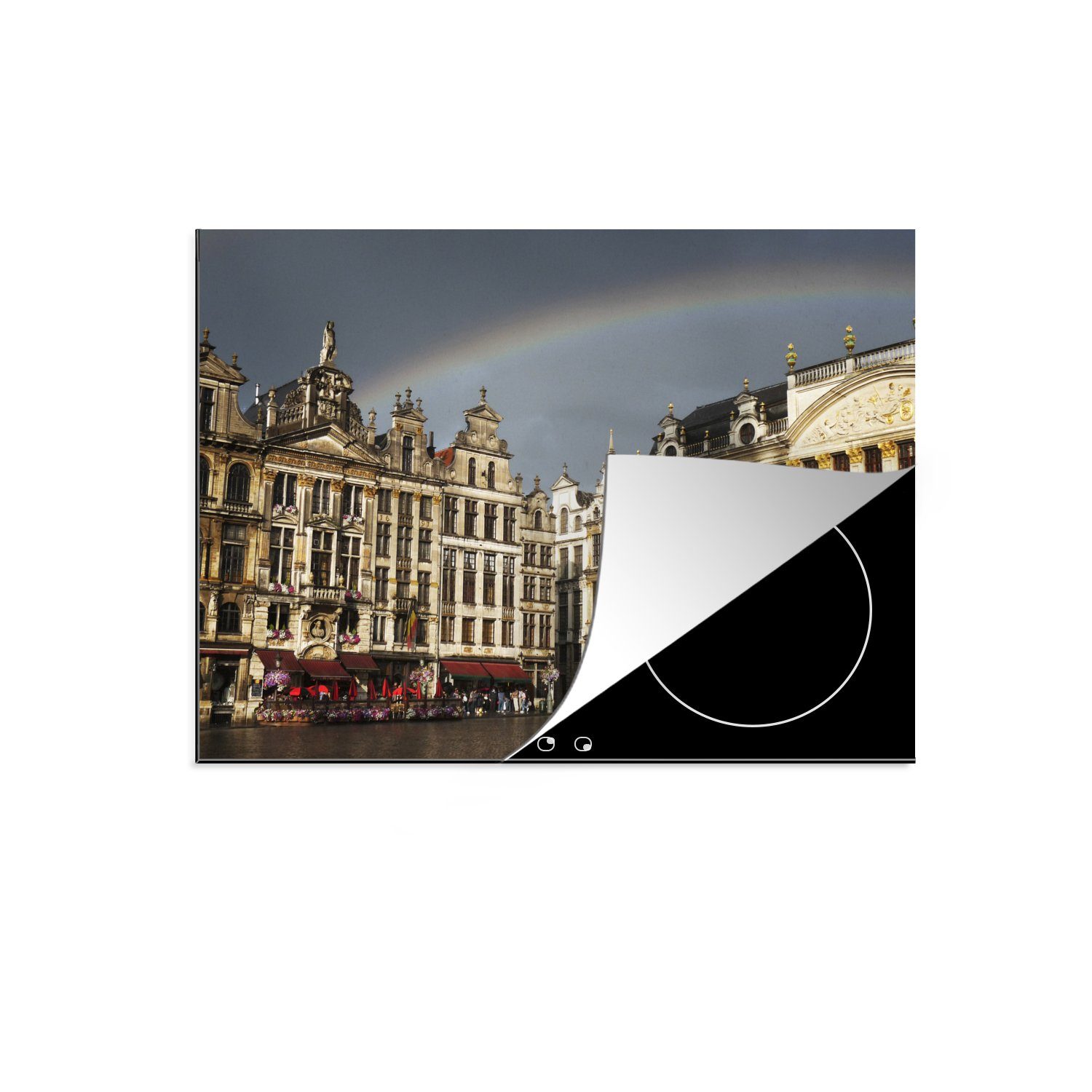 MuchoWow Herdblende-/Abdeckplatte Ein ungewöhnliches Foto eines Regenbogens über dem Grand Place in, Vinyl, (1 tlg), 70x52 cm, Mobile Arbeitsfläche nutzbar, Ceranfeldabdeckung