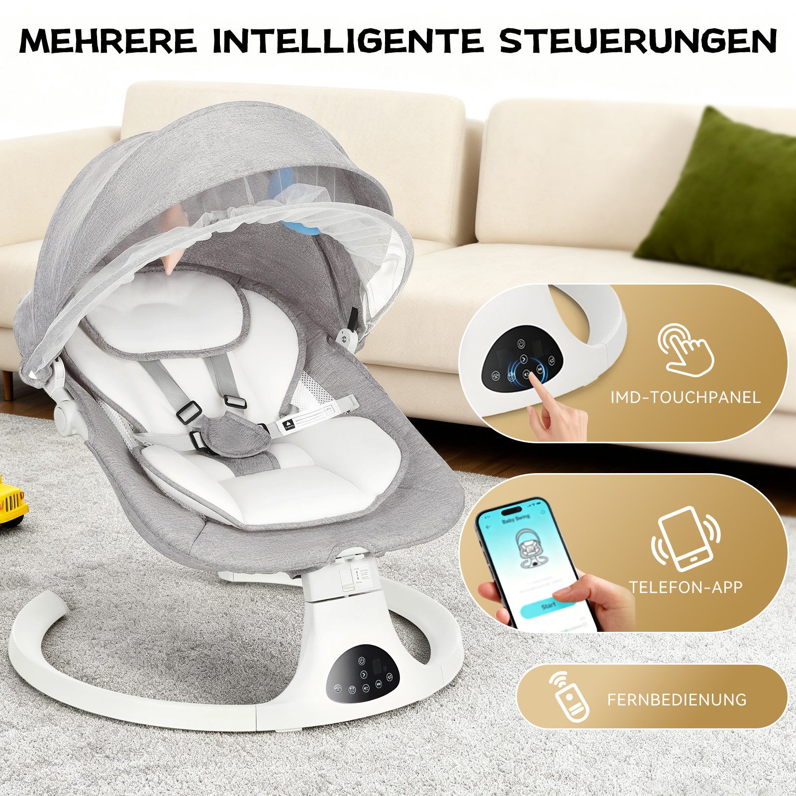 oyajia Baby Bouncer Electric Baby Swing Bluetooth Music, with 5 Speeds of Swing, Mosquito Net, Remote Control, max. 9kg