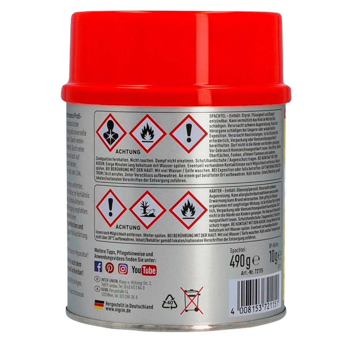 NIGRIN Spachtelmasse 2K Profi Spachtel mit Härter 500g Fein-Spachtel, Fein-Füll-Spachtel Reparatur-Spachtel Spezial-Polyesterharz Universel