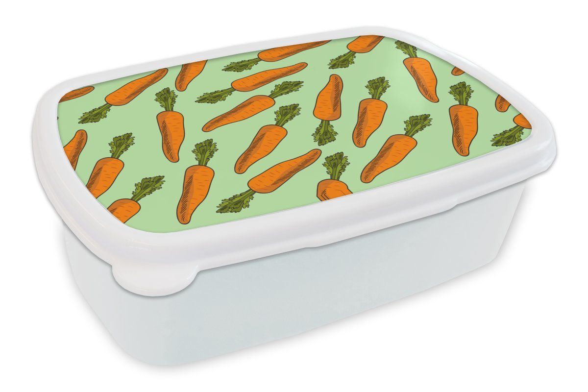 MuchoWow Lunchbox Vintage - Karotte - Muster - Gemüse, Kunststoff, (2-tlg), Brotbox für Kinder und Erwachsene, Brotdose, für Jungs und Mädchen weiß