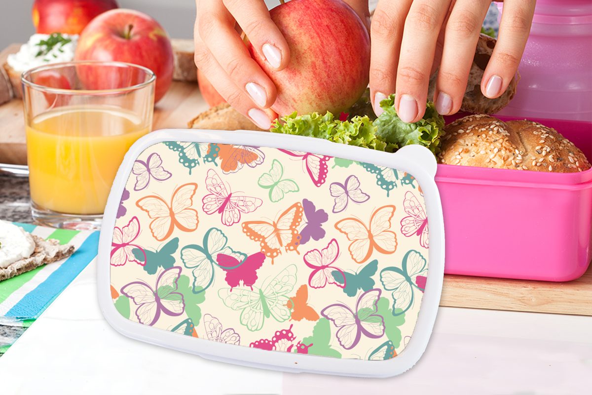 MuchoWow Lunchbox Schmetterlinge Kunststoff Brotdose - Muster Insekten, Erwachsene, Mädchen, Kinder, Snackbox, für (2-tlg), Brotbox rosa - Kunststoff