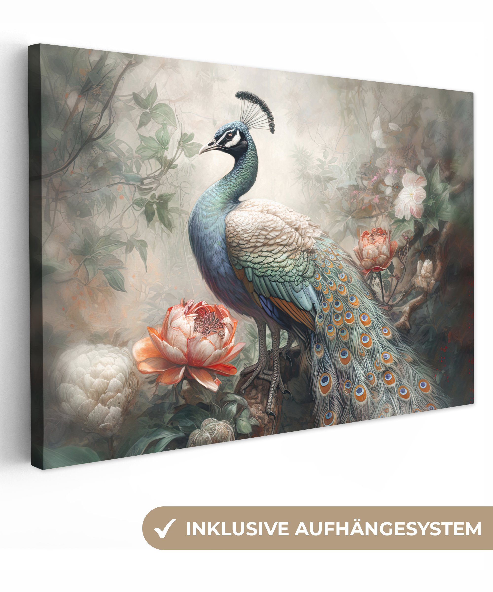 OneMillionCanvasses® Leinwandbild St), Gemälde, XXL, großes, 120x80 Vogel Wohnbereiche, Dschungel (1 für Blumen, - Pfauenfedern - - cm alle Wandbild - Pfau