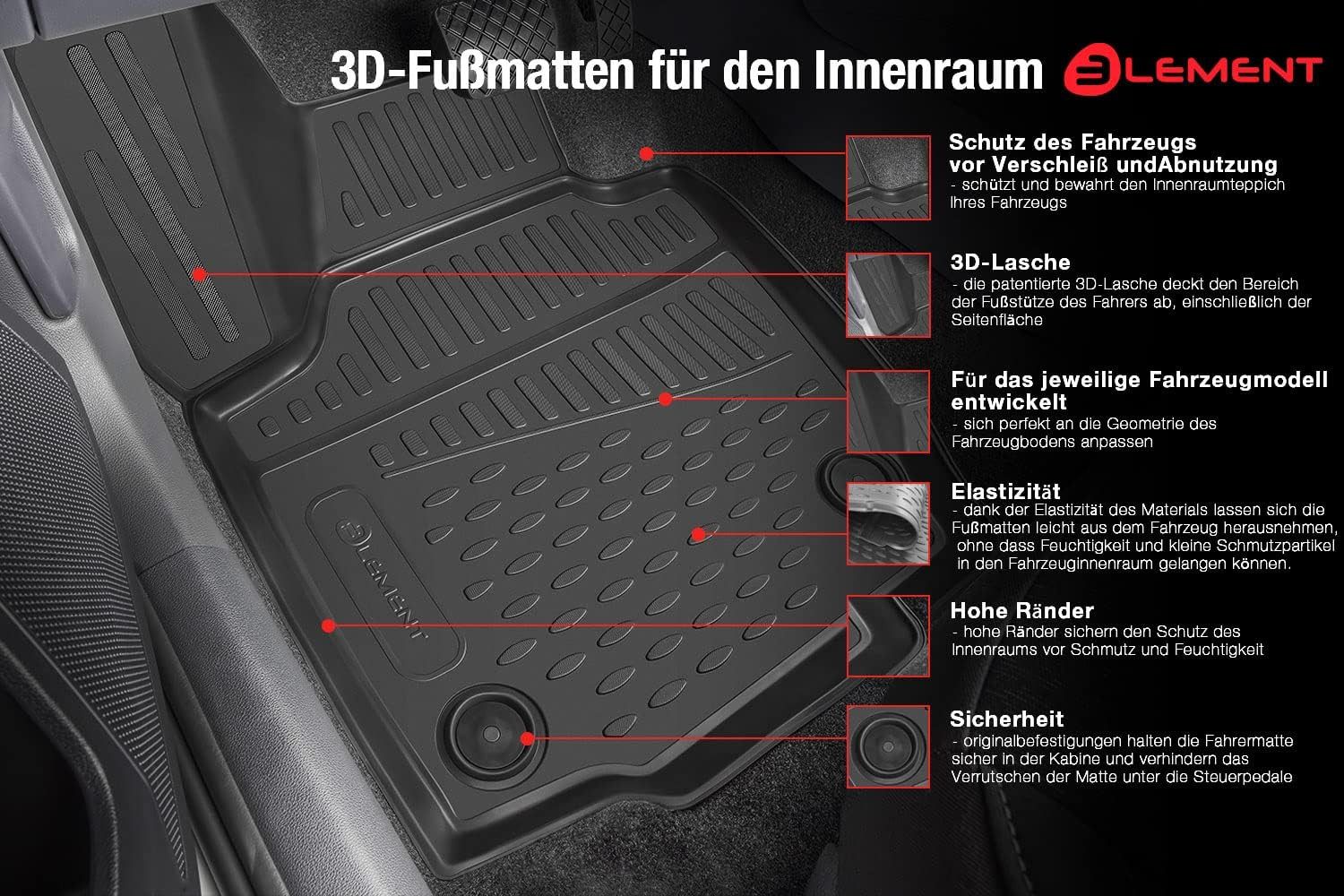 LEMENT Auto-Fußmatten 3D-Gummimatten passend für OPEL Zafira ab 2012 7 Sitze (5 St), für OPEL Zafira Pkw, Passgenau – Bild 2 von 5