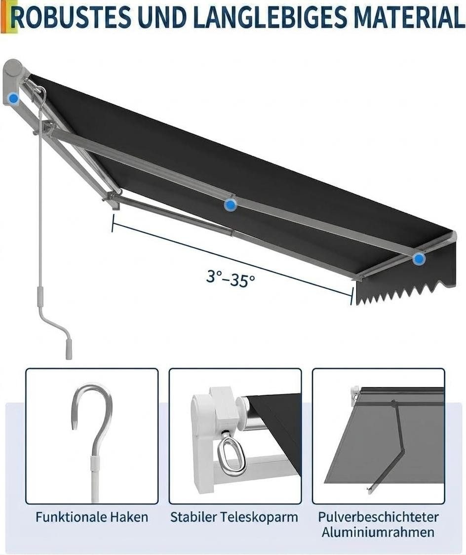 GarveeMore Gelenkarmmarkise 400/350x250cm,UV50+ & wasserabweisend mit Kurbel & Wandhalterung Länge + Winkel einstellbar,Markise für Terrasse & Balkon,Sonnenschutz