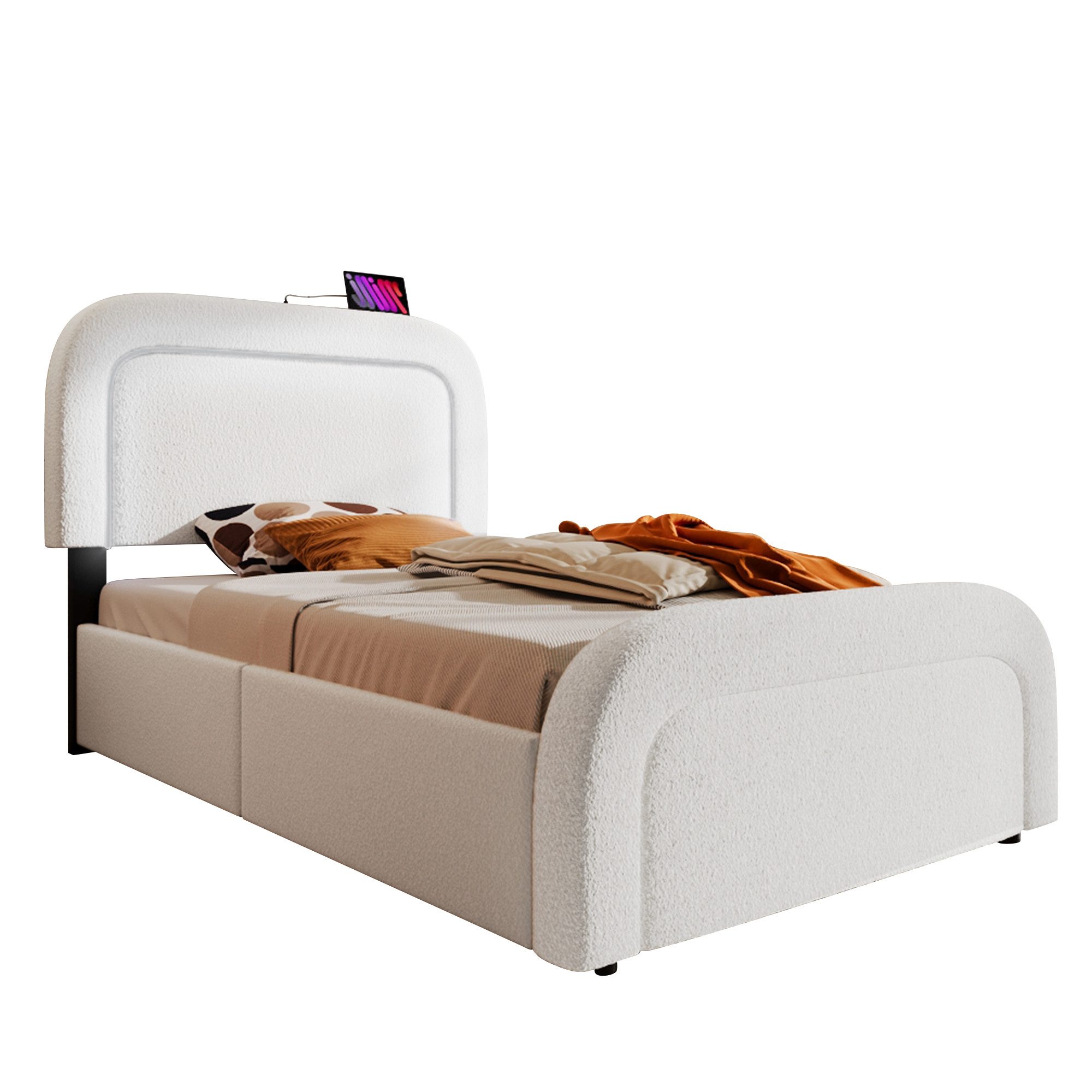 BlingBin Polsterbett Einzelbett Bettgestell (1-tlg., mit USB Typ C Ladefunktion LED-Beleuchtung, 90x200cm), Höhenverstellbarem Kopfteil, Sherp-Weiß