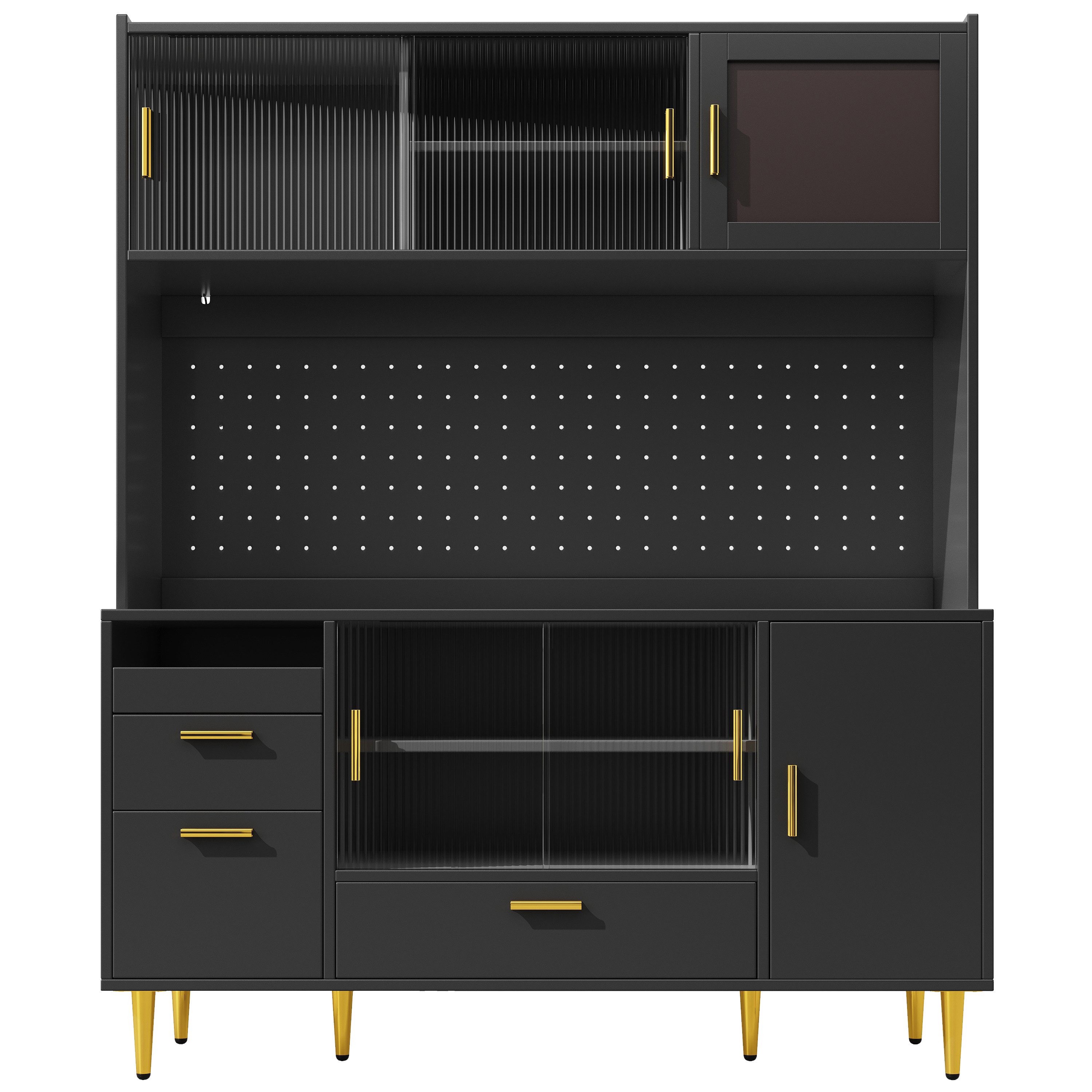 Flieks Küchenbuffet mit LED-Beleuchtung, Lochwand, Glas-Schiebetüren & Magnettür (Hochschrank mit Arbeitsplatte, 1-St., 140x40x180 cm) Küchenschrank mit Schubladen & verstellbarer Einlegeböden Schwarz