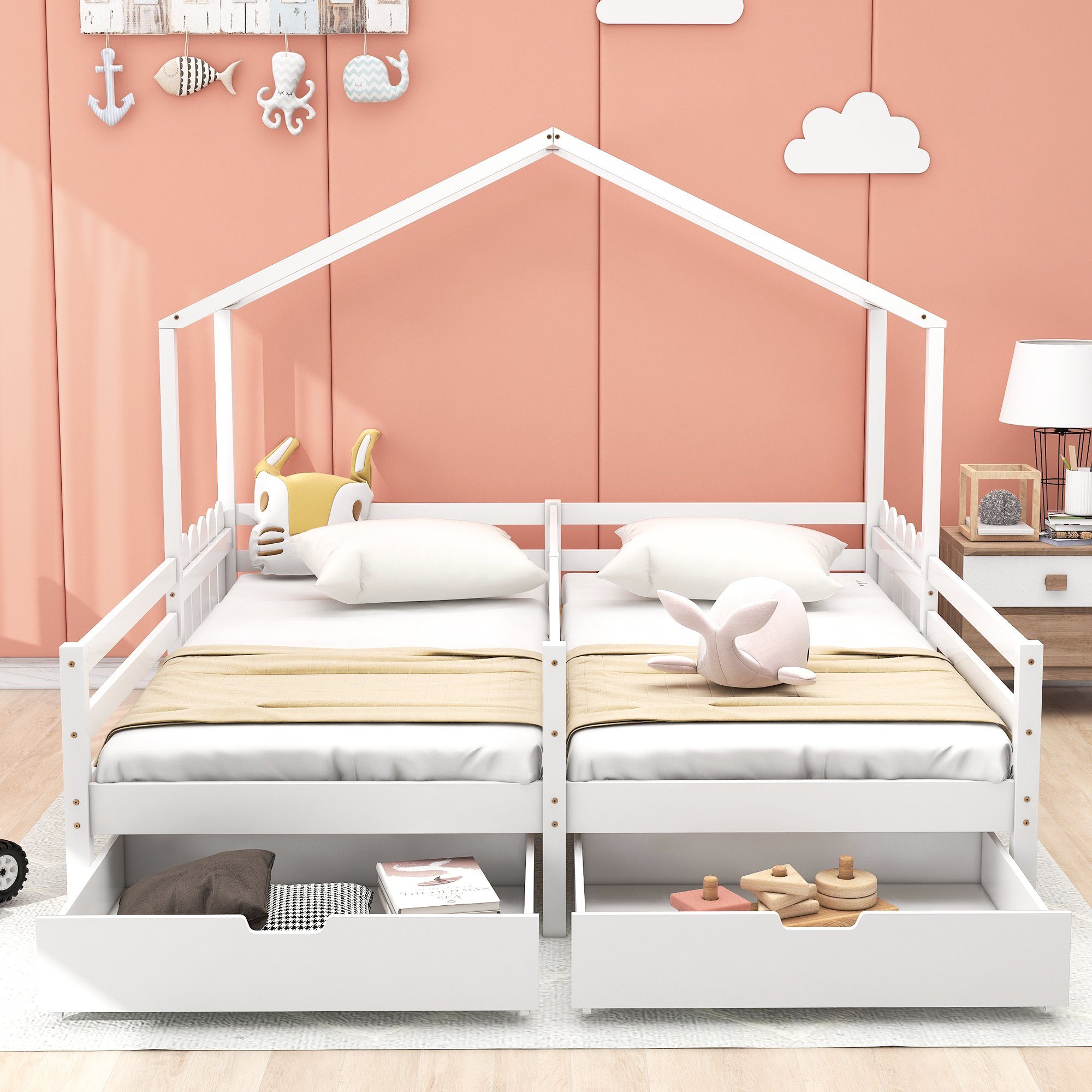 Flieks Massivholzbett, Hausbett Kinderbett Doppelbett 2 günstig online kaufen