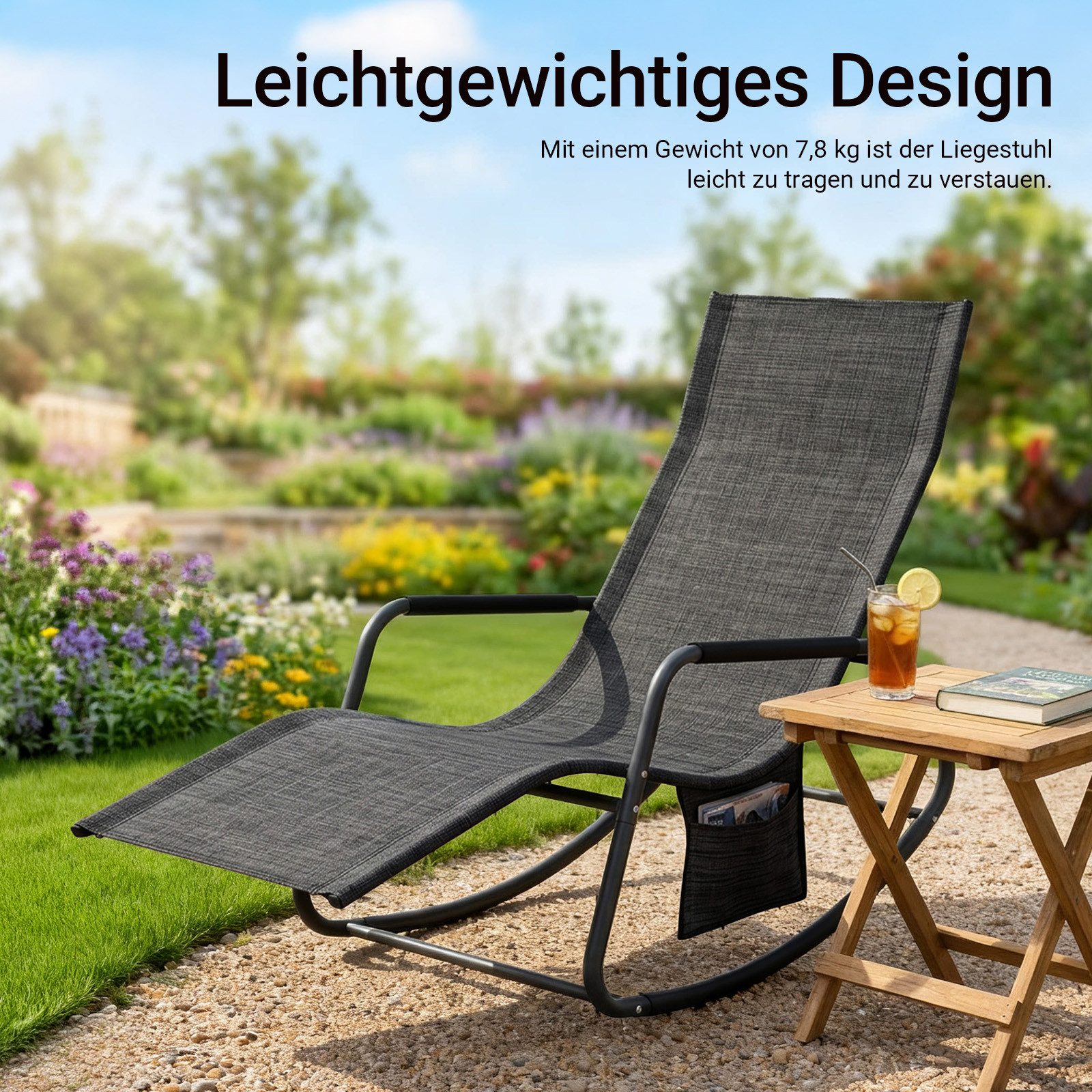 SoBuy Gartenliege OGS47, Schaukelstuhl mit Seitentasche, Relaxliege Liegestuhl Gärten, Schaukelliege Sonnenliege Gartenliege Schwungliege für Gärten Balkone