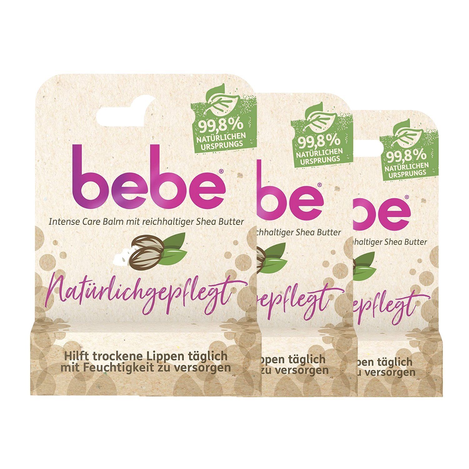 bebe Lippenpflegestift 3 x bebe Natürlichgepflegt Intense Care Balm Lippenpflege Stift je 4,9