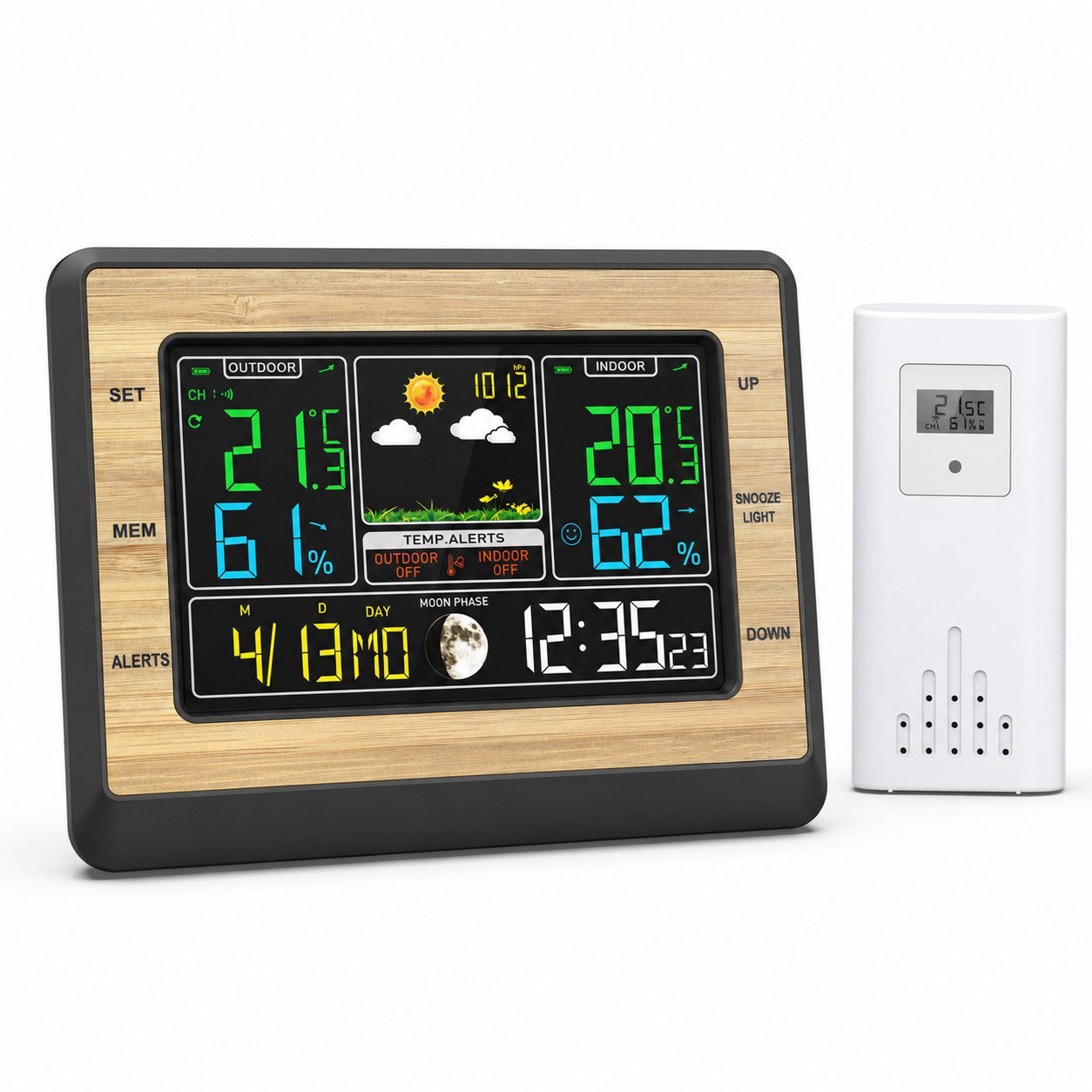 Tekoo Funk-Wetterstation mit Außensensor, 6 Zoll Farbdisplay & Holzoptik Wetterstation (Mit 6 Zoll Farbdisplay und einstellbarer Helligkeit)