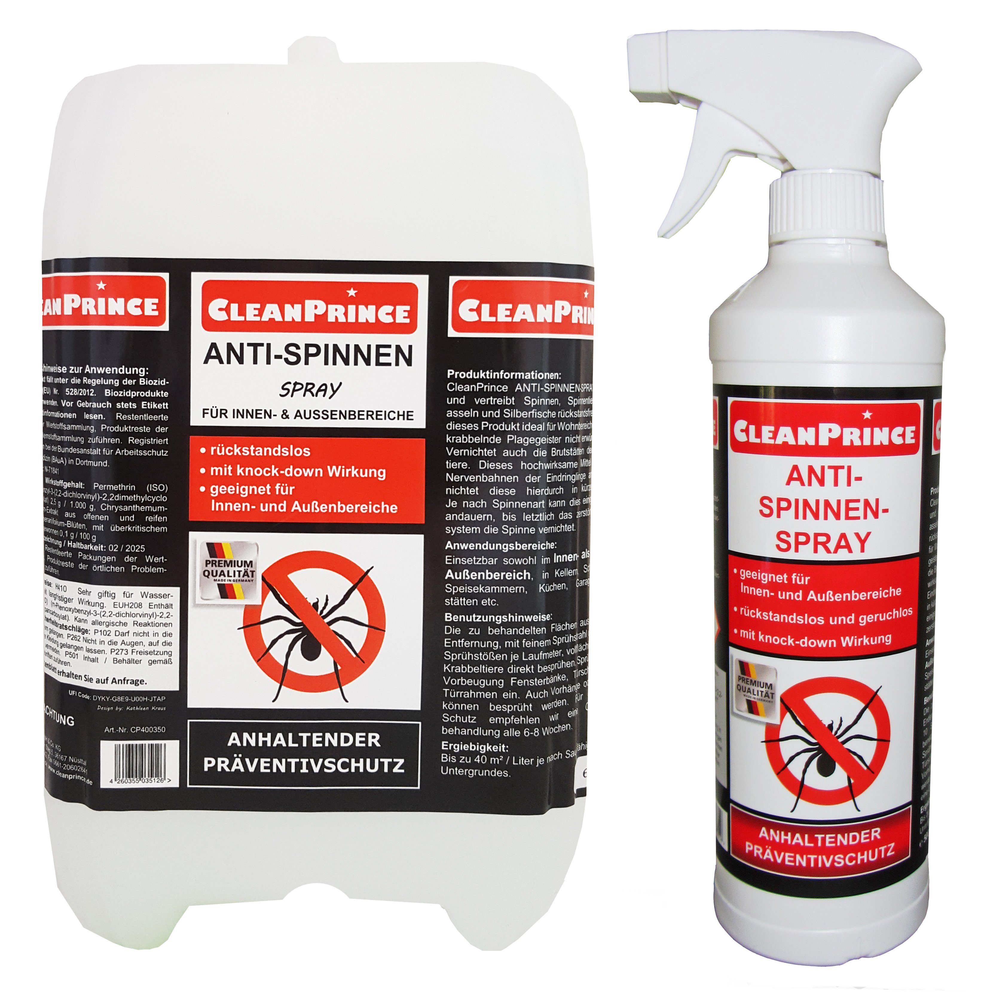 CleanPrince Insektenvernichter Spinnenspray Anti-Spinnen-Spray innen und außen, SPINNEN EX, rückstandslos, mit Frischeduft, SPINNENVERNICHTER