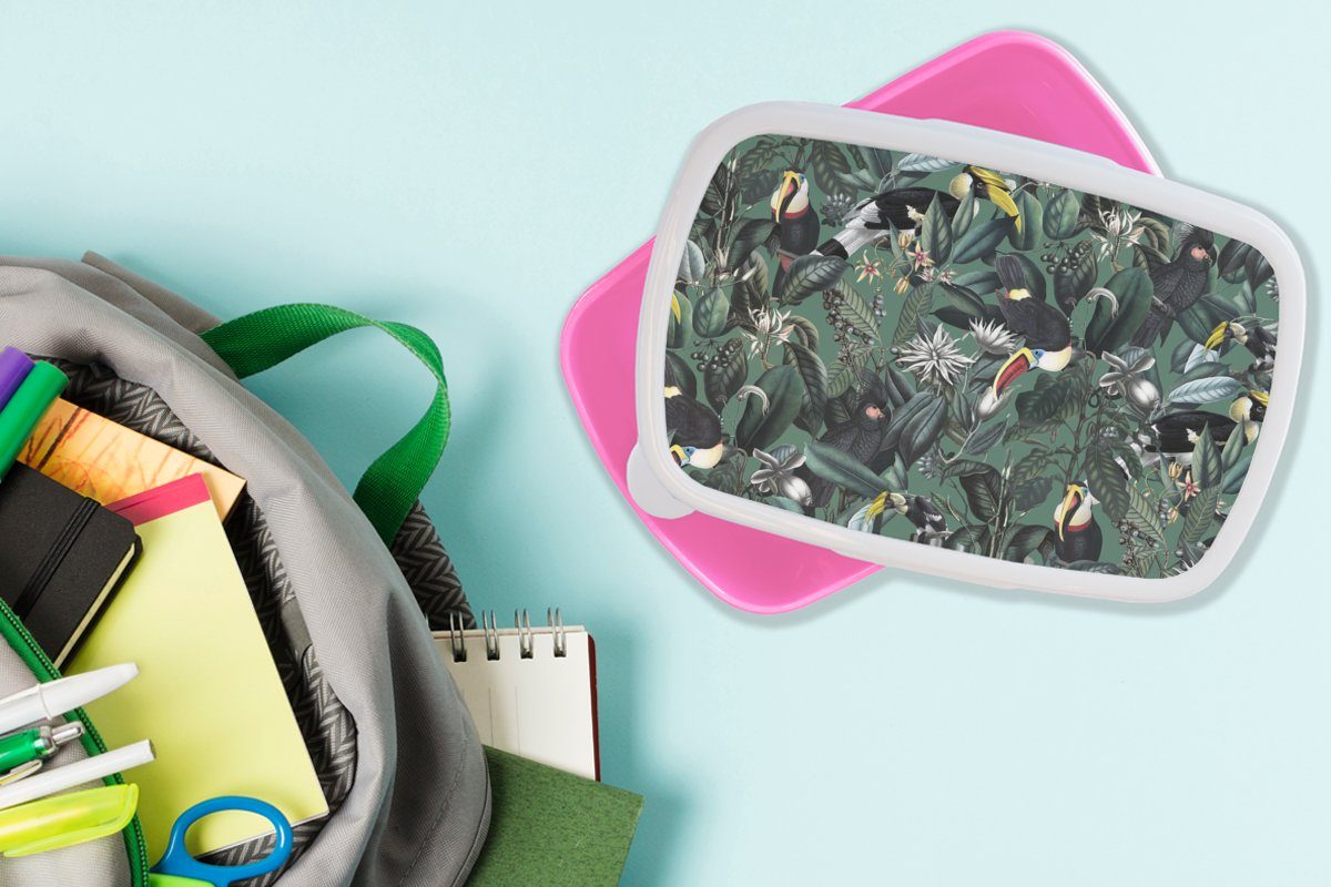 MuchoWow Lunchbox Blumen - Vogel - (2-tlg), Brotdose Snackbox, Erwachsene, rosa Kinder, Blätter, Kunststoff Kunststoff, Mädchen, Brotbox für