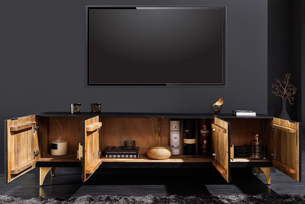 riess-ambiente Lowboard GOLDEN SUNSET 180cm schwarz/gold - Schnitzereien, Metallfüße, glamour (Einzelartikel, 1 St), Mango-Massivholz · Metall · TV-Schrank · 3D – Bild 4 von 5