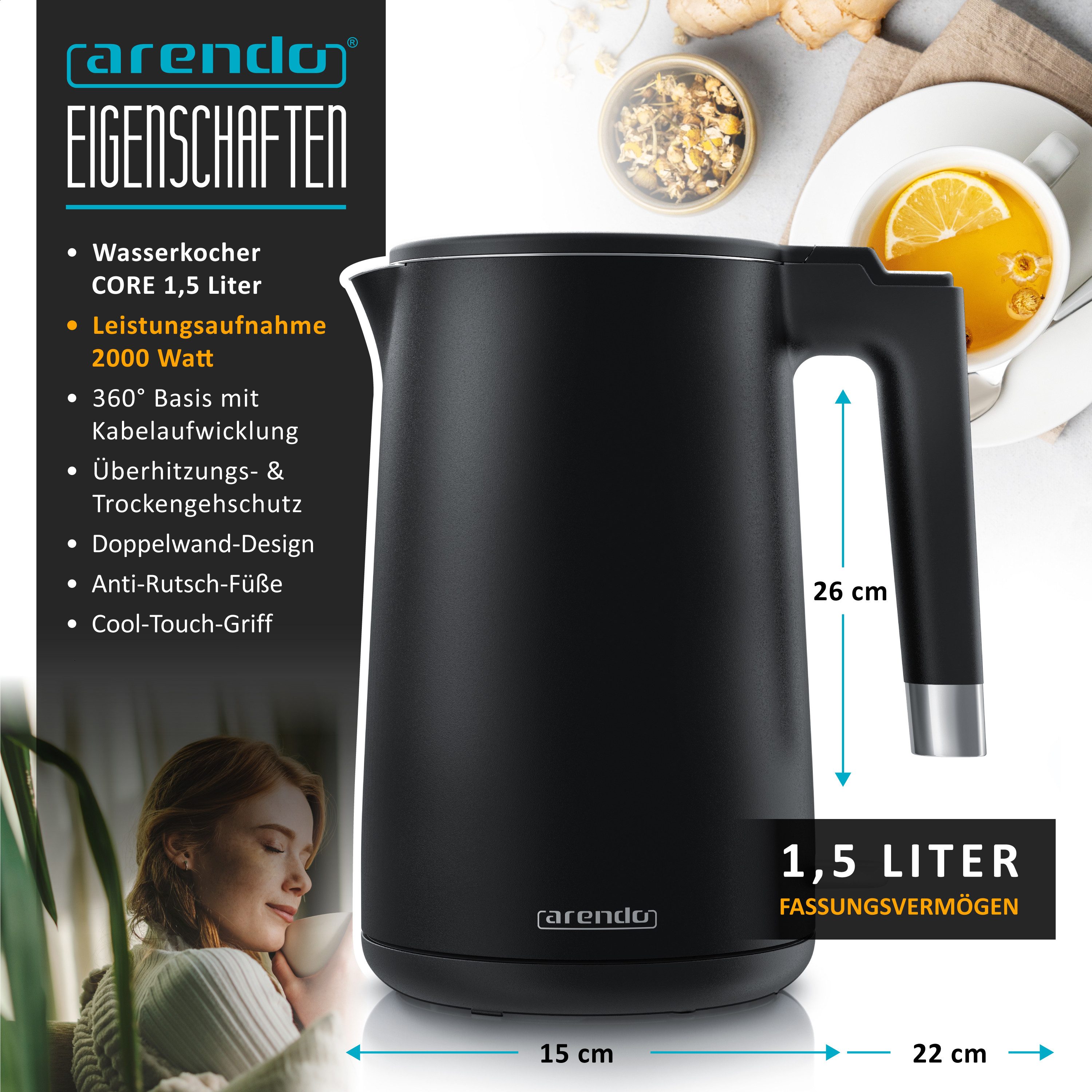 Arendo Wasserkocher aus Edelstahl, Doppelwand-Design, 360° Controller, schwarz matt, 1,5 l, 2000 W, Teekocher, Überhitzungs- und Trockengehschutz, BPA-frei