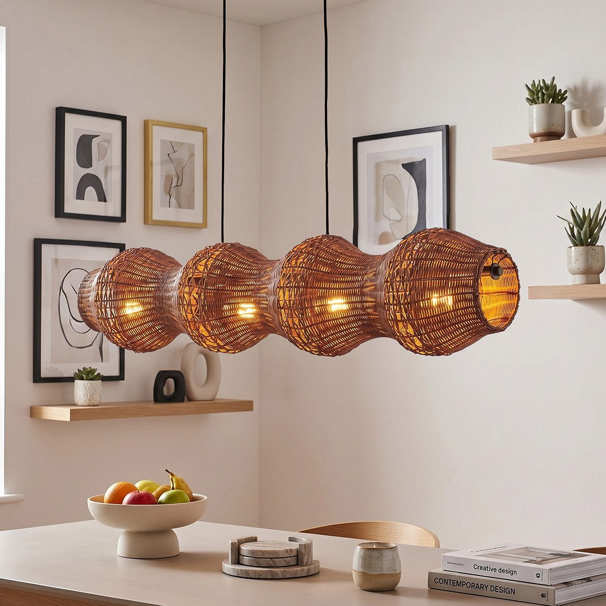 hofstein Pendelleuchte Hängelampe aus Metall/Rattan in Schwarz/Dunkelbraun/Naturfarben, ohne Leuchtmittel, Hängeleuchte im skandinavischen Design, Boho-Style, max. 170 cm, 4xE27