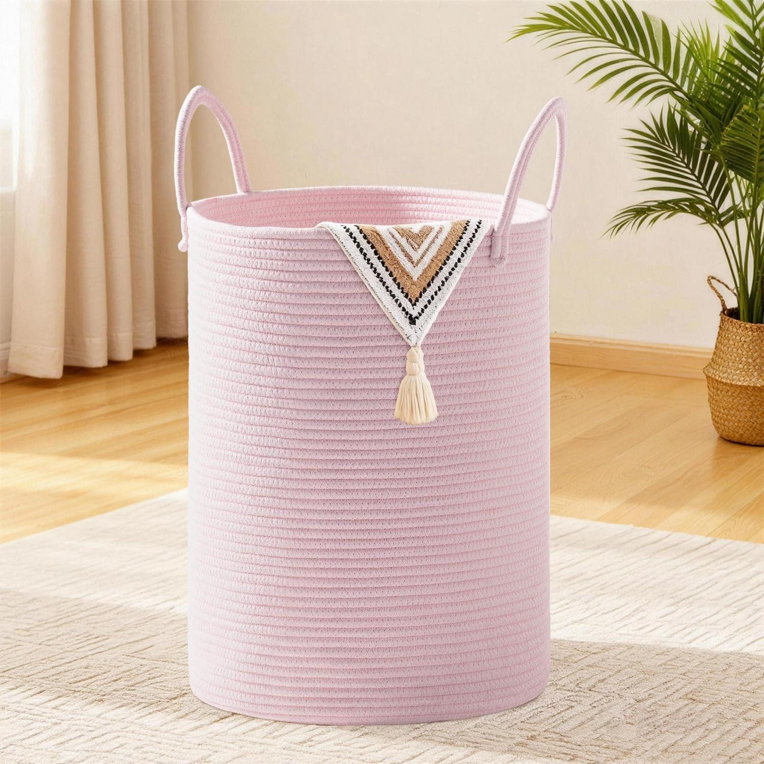 LuxusKollektion Wäschekorb Wäschekorb Wäschesammler Geflochten Baumwollhenkel Rund Rosa 58L