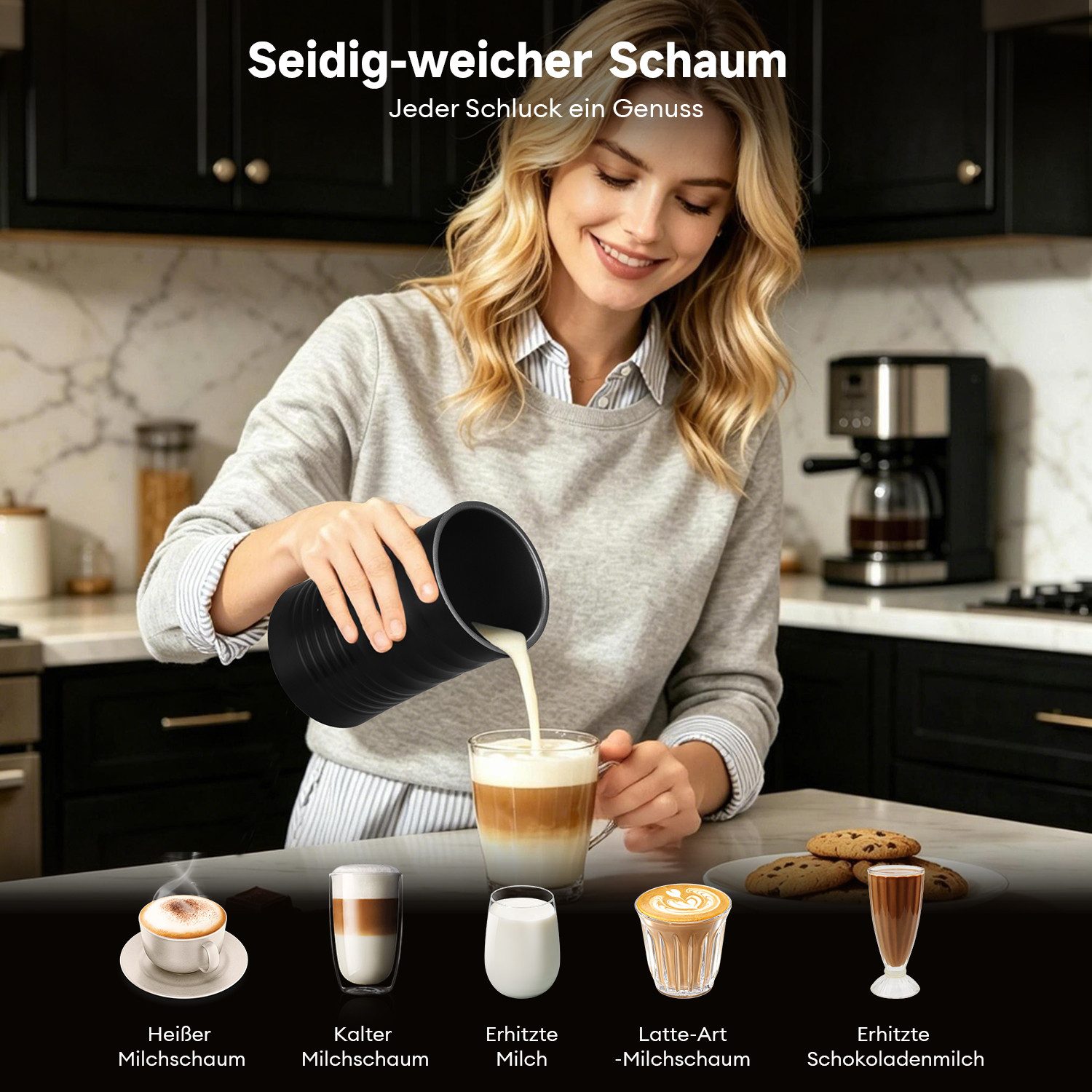 CkeyiN Pro Milchaufschäumer Elektrischer 5-in-1,Edelstahl,580 ml,40-70℃ Temperatur, 400 W, Leise & Schnell,Antihaftbeschichtung,für Heißen/Kalten Milchschaum