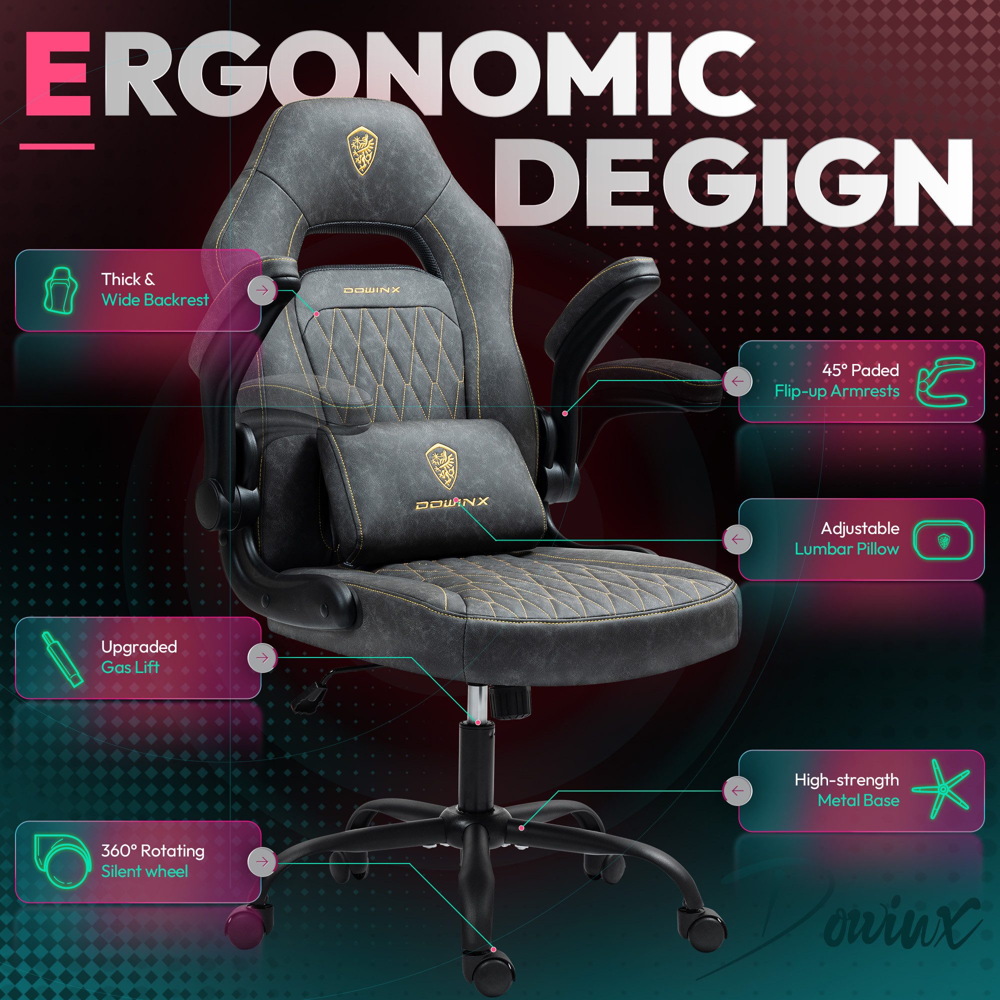 Dowinx Gaming-Stuhl Downix Gaming-Stuhl – höhenverstellbar, Fußstütze, bis 300 lbs (Spar-Set), Tragkraft 300 Pfund, verstellbar und mit hochklappbaren Armlehnen
