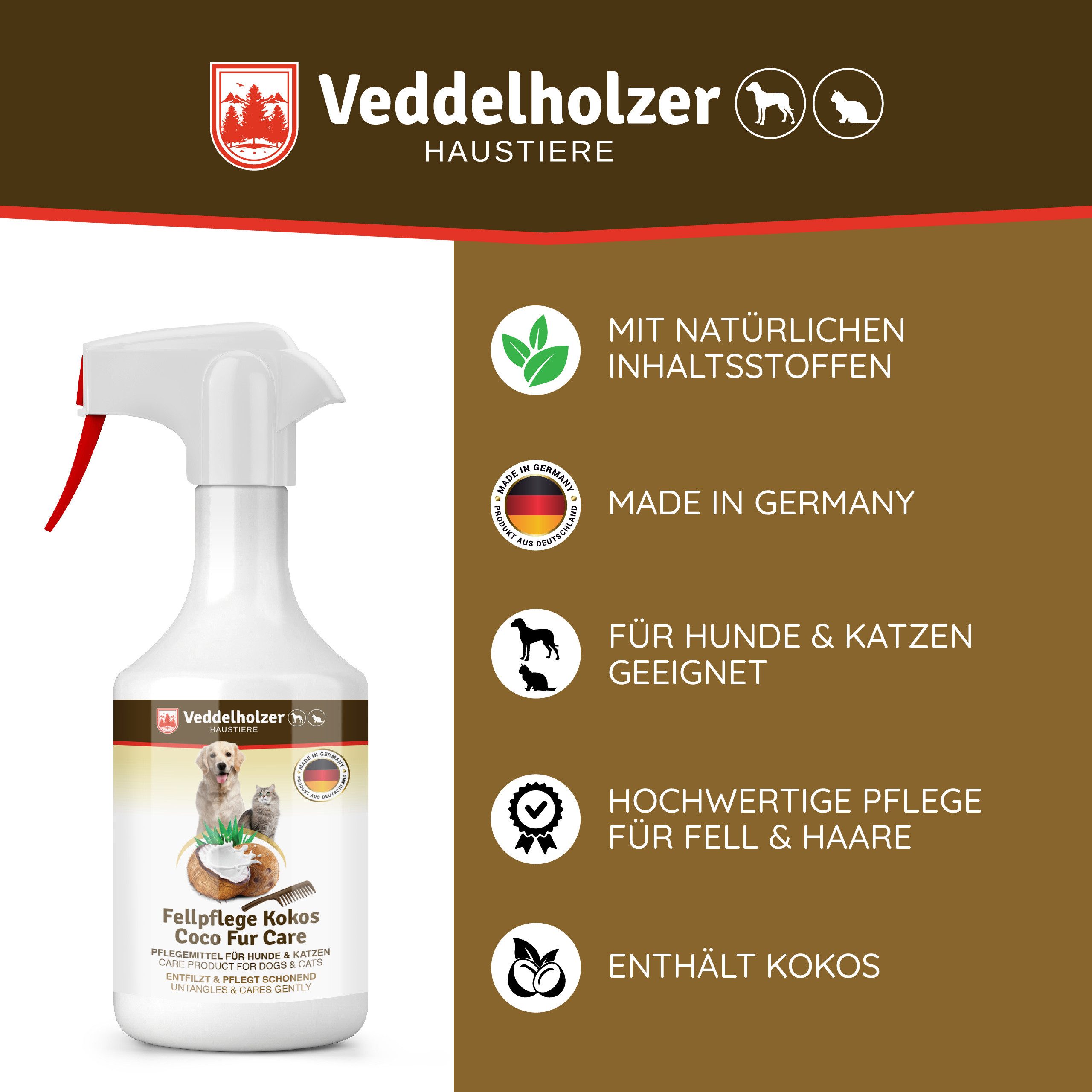 Veddelholzer Fellpflege Kokos Fellpflege Hund & Katze Entfilzungsspray, Hunde Zubehör, 250ml, 250 ml, (MIT KOKOSDUFT, Accessoires, Katzenpflege, Hundebedarf), Welpen, Fell. Zubehör, Hundeparfüm