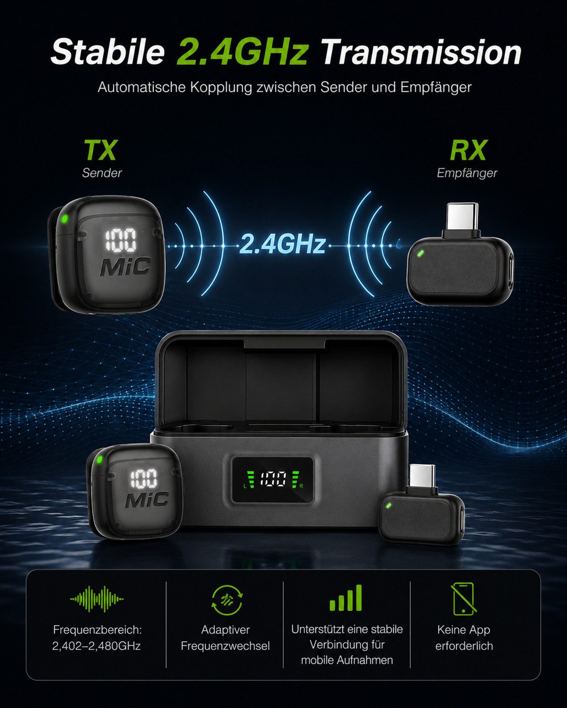 OYLCDI Mikrofon Funkmikrofon Lavalier Mikrofon 2.4GHz Drahtloses mit Noise Reduction (automatische Kopplung, Plug & Play, Low Latency, Lavalier Mikrofon, Mikrof – Bild 4 von 5