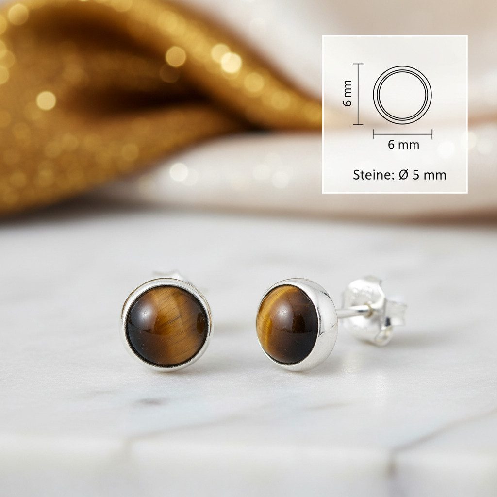 mantraroma Paar Ohrstecker SAMA rund klein aus 925 Silber mit Tigerauge (Paar, Paar Ohrringe mit Schmuckbeutel), 925 Sterling Silber Ohrringe für Damen