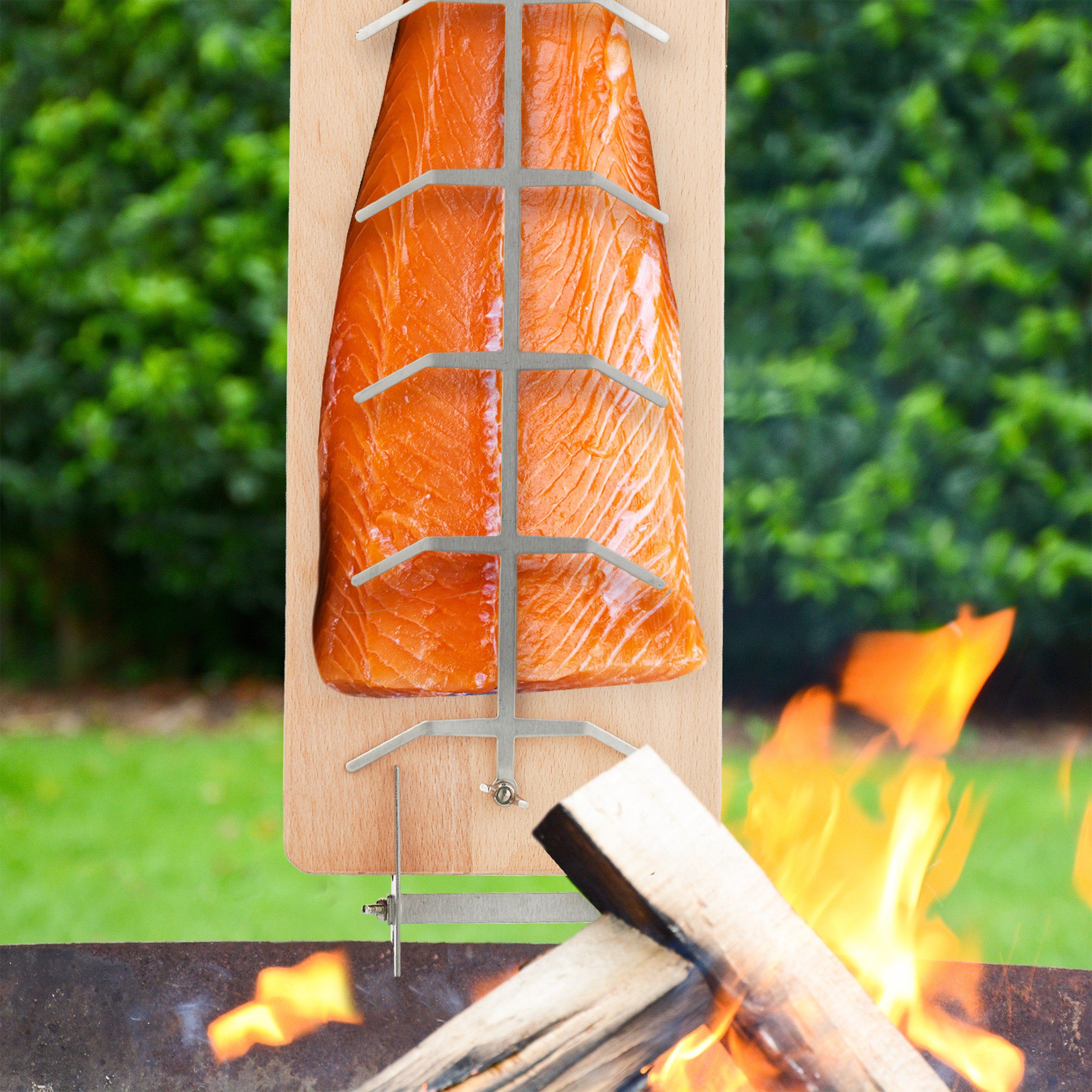 Räucherbrett Flammlachsbrett mit relaxdays Halterung, Holz