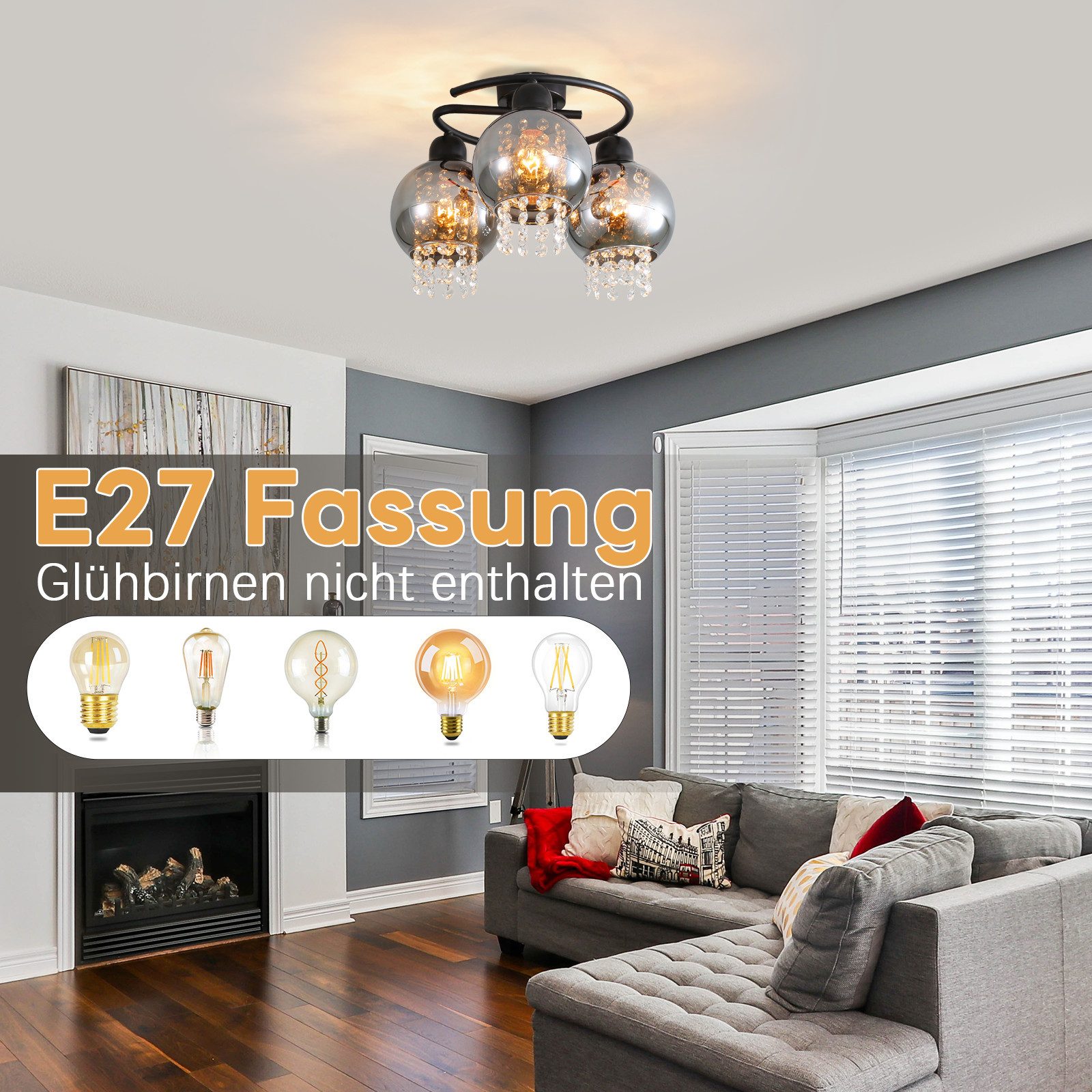 Nettlife Deckenleuchte Schlafzimmer E27 Rauchgrau Glas Kristall Modern Essz günstig online kaufen