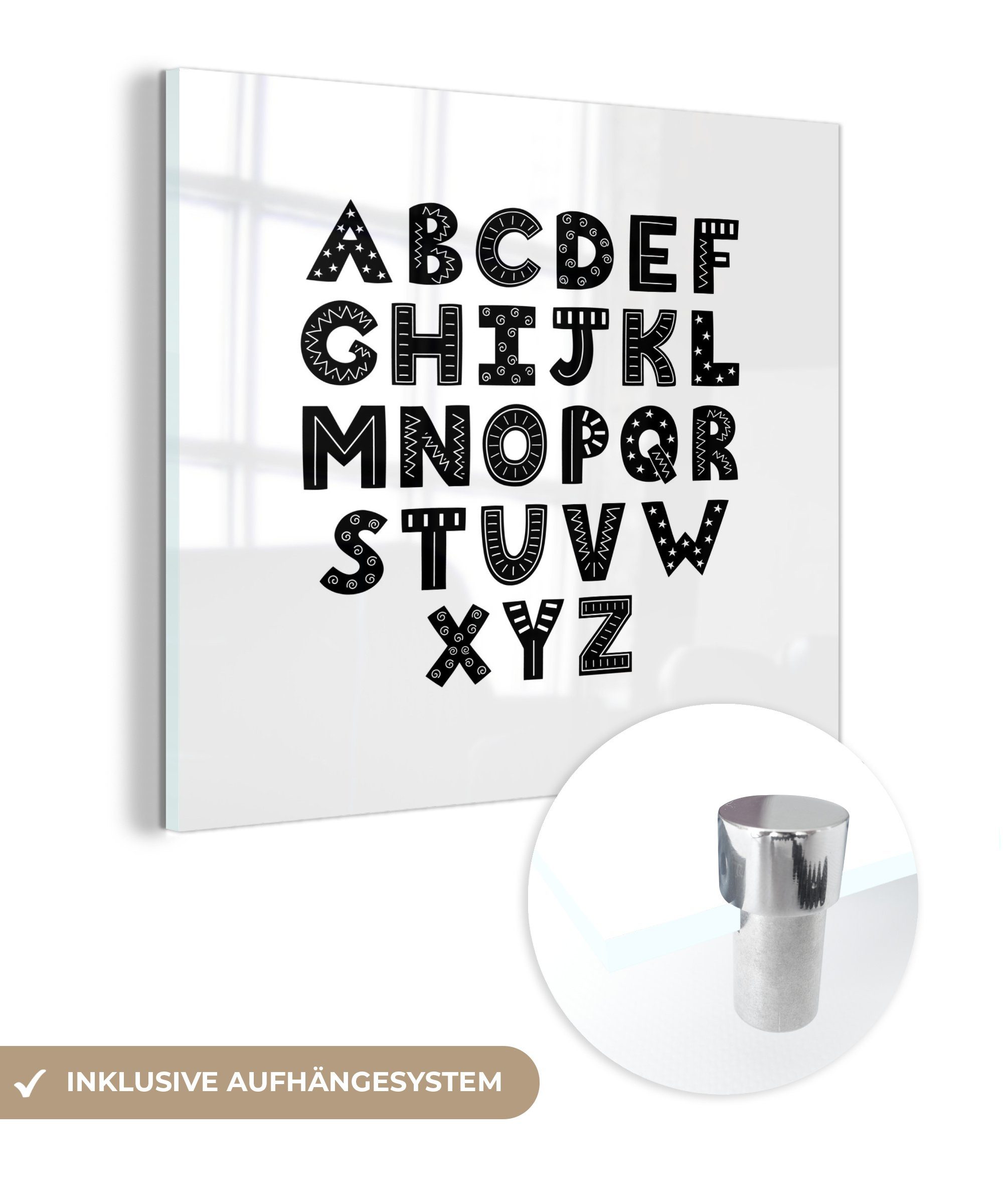 MuchoWow Acrylglasbild Illustriertes Alphabet mit verzierten und schwarzen Buchstaben, (1 St), Glasbilder - Bilder auf Glas Wandbild - Foto auf Glas - Wanddekoration