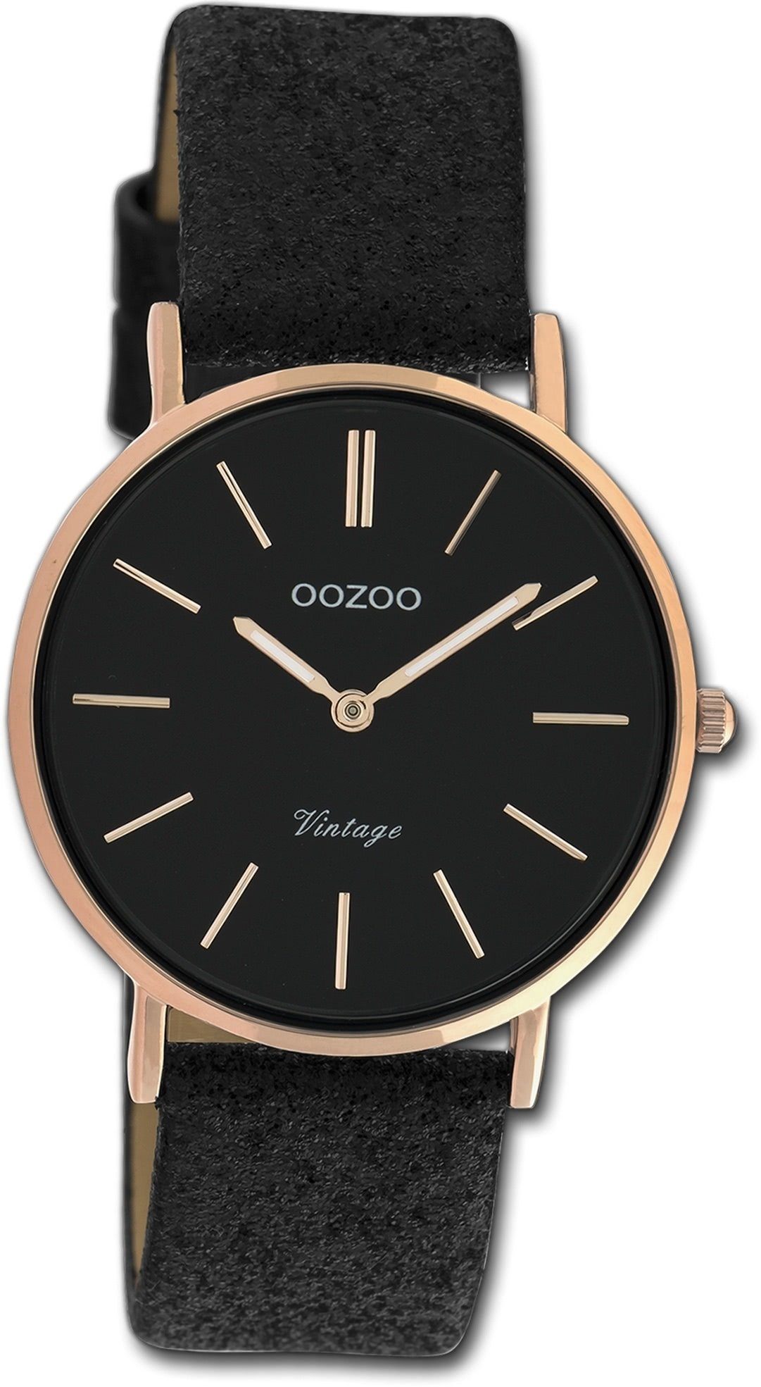 OOZOO Quarzuhr Oozoo Damen Armbanduhr Ultra Slim, Damenuhr Lederarmband schwarz, rundes Gehäuse, mittel (ca. 32mm) | Quarzuhren