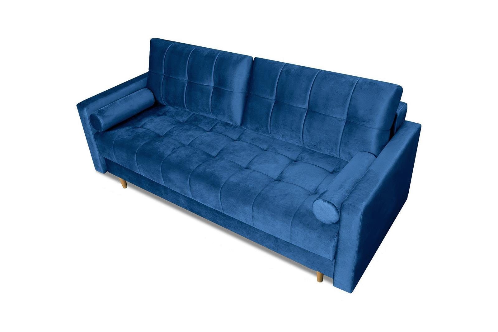 Schlafsofa 09) Couch skandinavisches Wohnzimmer und (kronos Stil, für Polstersofa, Sofa mit Beautysofa im Bettfunktion Randvi, Marineblau Bettkasten,