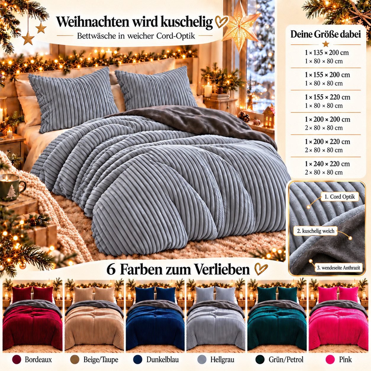 Leonado Vicenti Bettwäsche CORD Optik, Teddy Plüsch, Cashmere Touch, Fleece, 2 teilig, Winter, Wendeseite Anthrazit, flauschig, warm, Nicky-Plüsch – Bild 2 von 5
