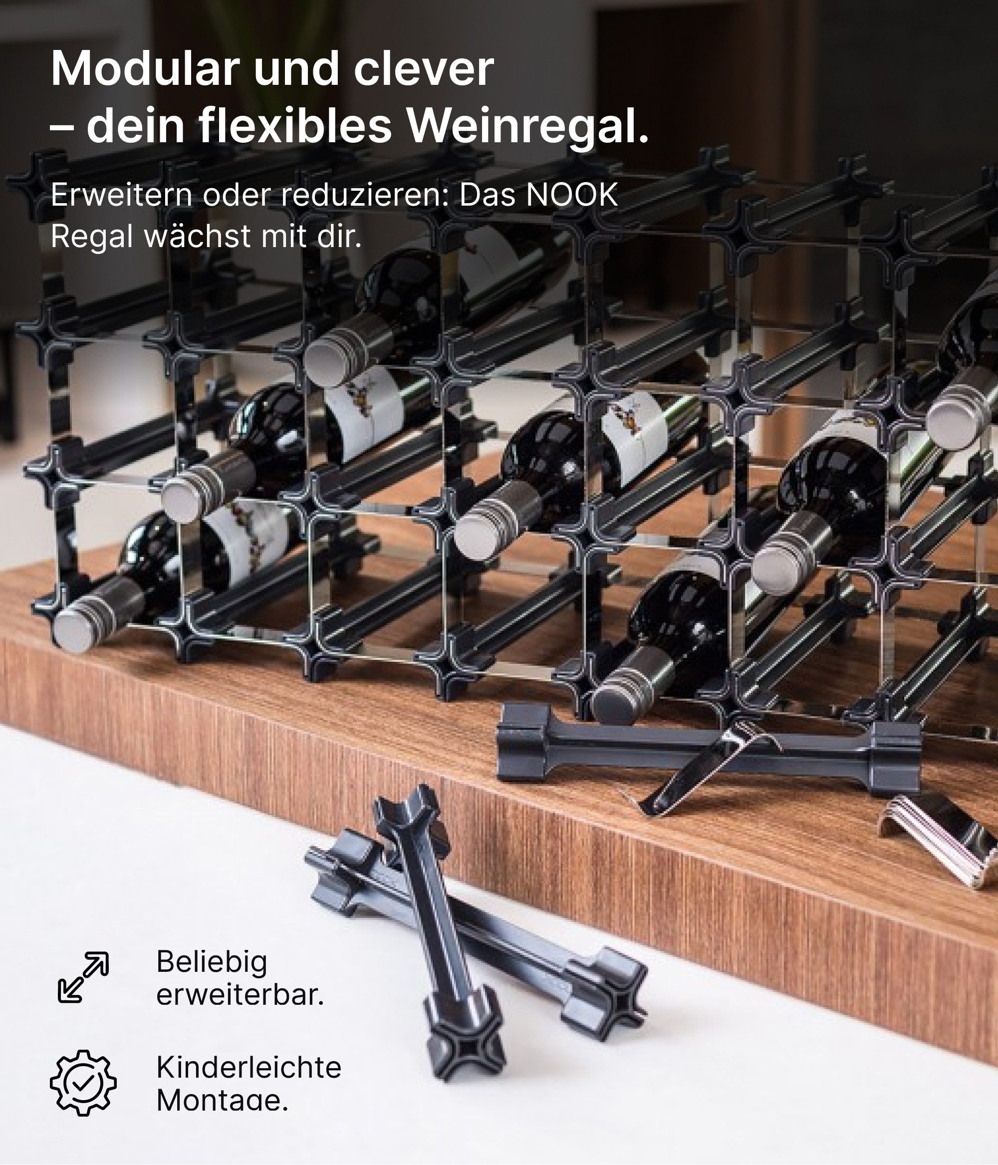NOOK Flaschenregal Weinregal Stapelbar 3er-Kit – Modular & erweiterbar – für 6 Flaschen, Die Set-Typen des NOOK-Weinregals reichen vom Starter Kit für 6 Flaschen bis zum Large Kit für 60 Flaschen, Australisches Design / Platzsparend & vielseitig / Optimale Lagerung