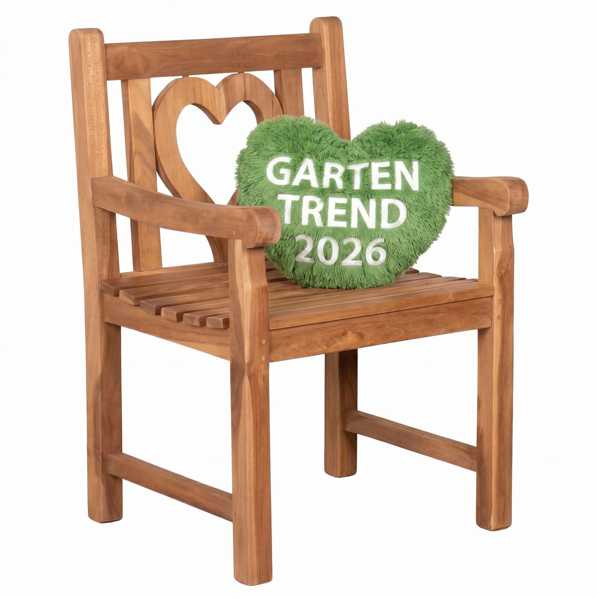 MR.DEKO Gartenstuhl Herz Gartensessel Teak-Holz, stabil und mit viel Liebe, Balkonstuhl (Garten und Ballkon Stuhl aus Teakholz, 1 St), Herz-Motiv in der Rückenlehne, wetterfest & stabil