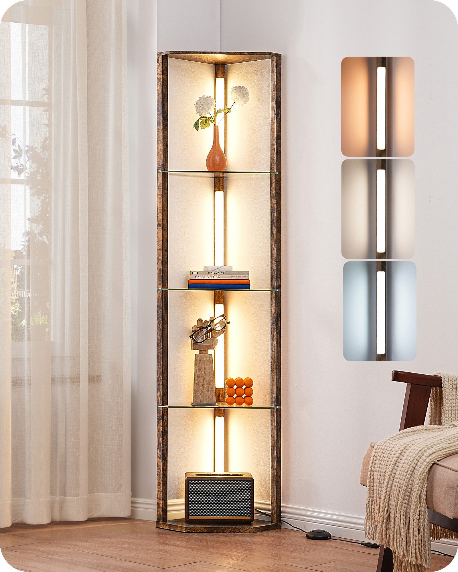 EDISHINE Stehlampe Wohnzimmer Dimmbar, Standleuchte mit Ablage, Ohne RGB, LED fest integriert, warmweiß bis kaltweiß dimmbar, LED Dimmbar Stehleuchte, Regal mit Licht
