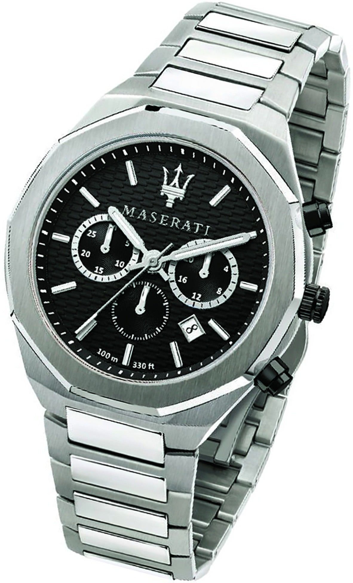 MASERATI Chronograph Maserati Edelstahl Armband-Uhr, Herrenuhr Edelstahlarmband, rundes Gehäuse, groß (ca. 45mm) schwarz