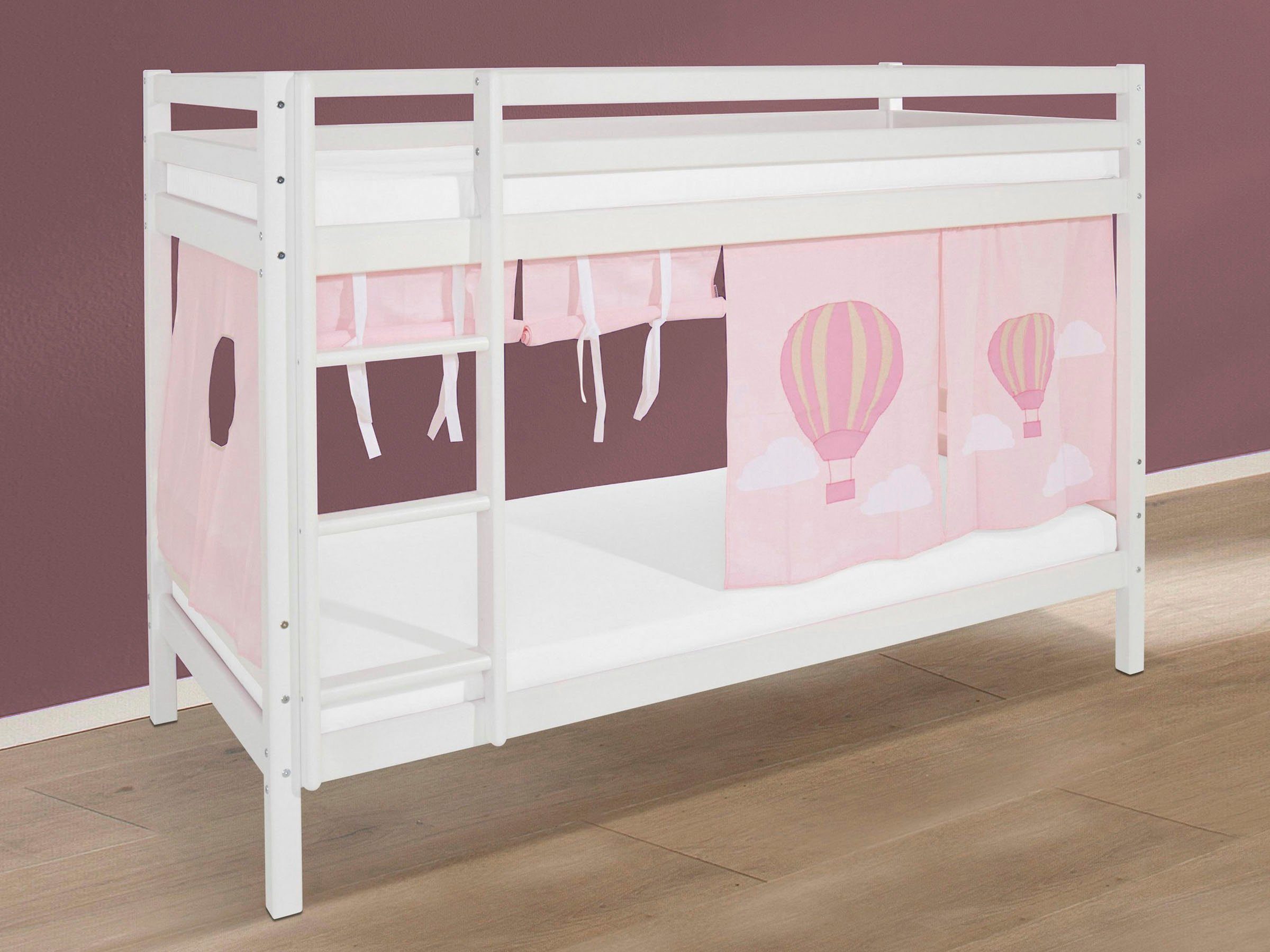 Hoppekids Etagenbett «Ballon», massiv mit Vorhang & Matratzen, 2 Größen rosa | Etagenbetten
