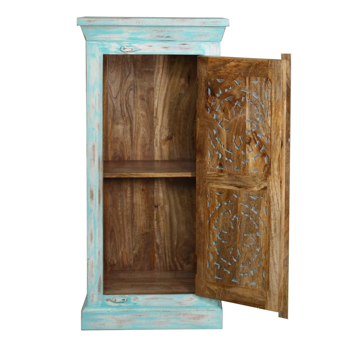 Oriental Galerie Mehrzweckschrank Blaue Kommode kleiner Schrank Indien Blau 107cm Flurschrank schmal hoch, Diele, Nachtschrank, Landhaus