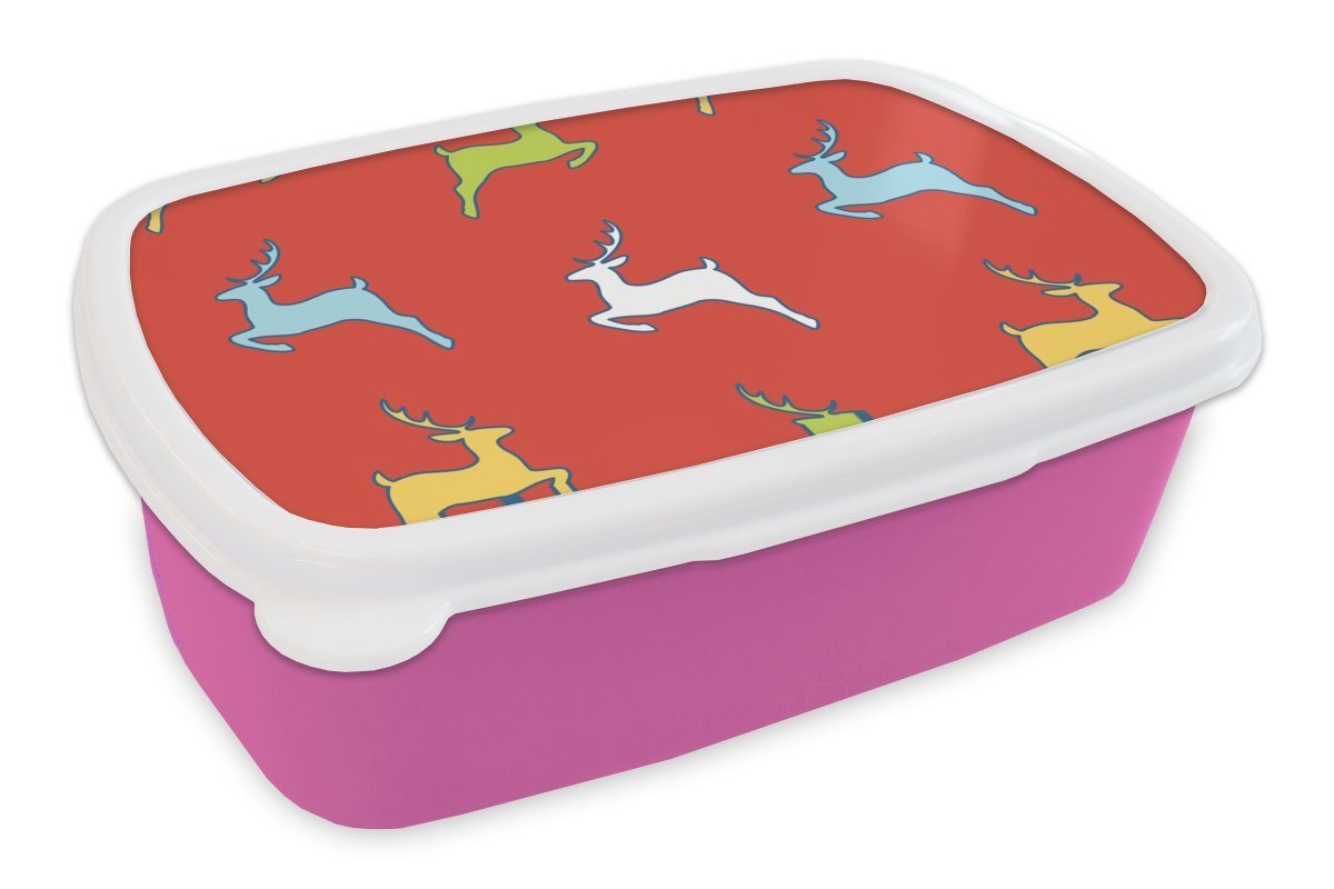 MuchoWow Lunchbox Muster - Rotwild - Rot, Kunststoff, (2-tlg), Brotbox für Erwachsene, Brotdose Kinder, Snackbox, Mädchen, Kunststoff rosa